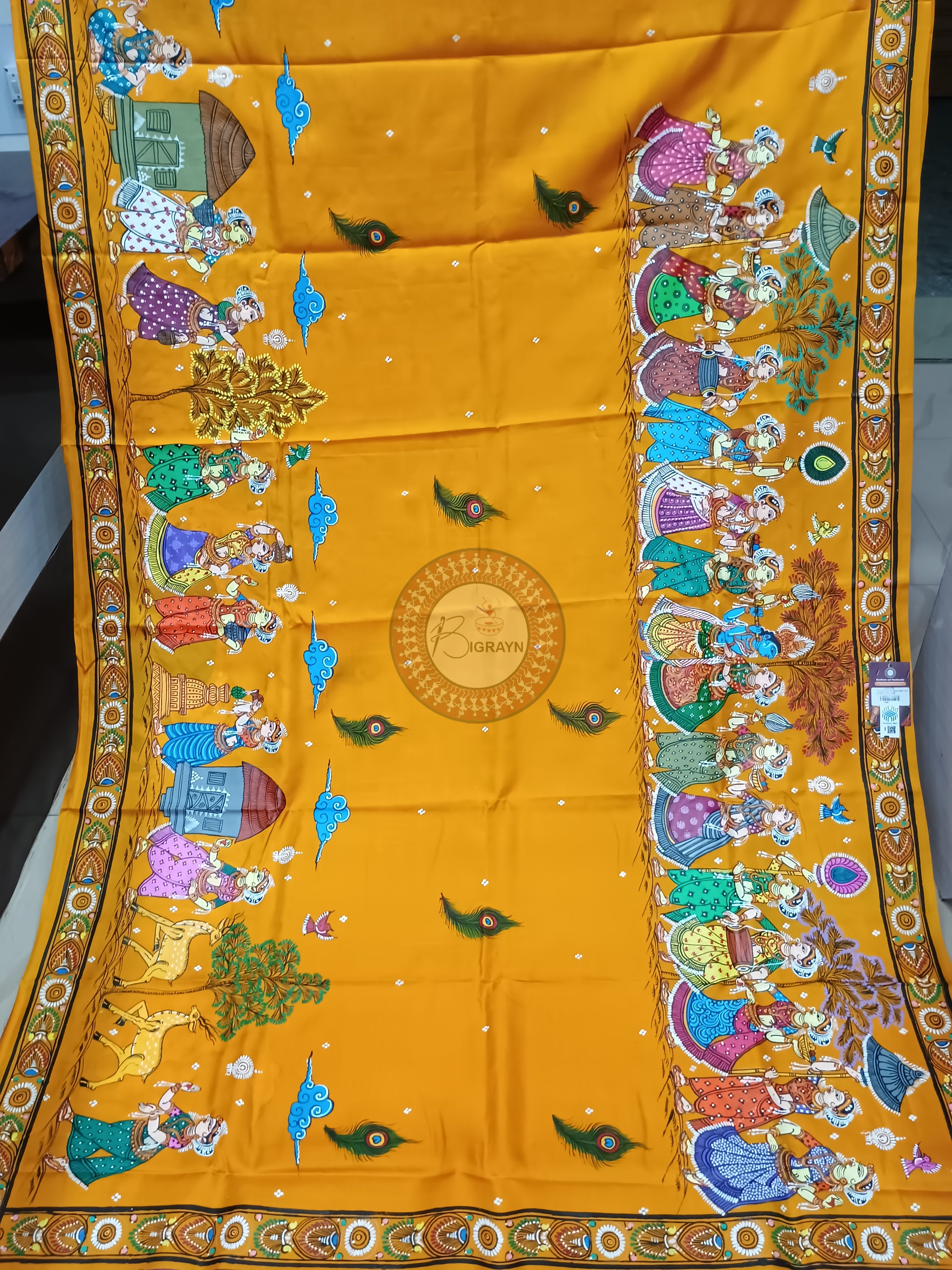 Yellow Radha Krishna Rasa Theme Pattachitra Kanjeeveram Silk Saree