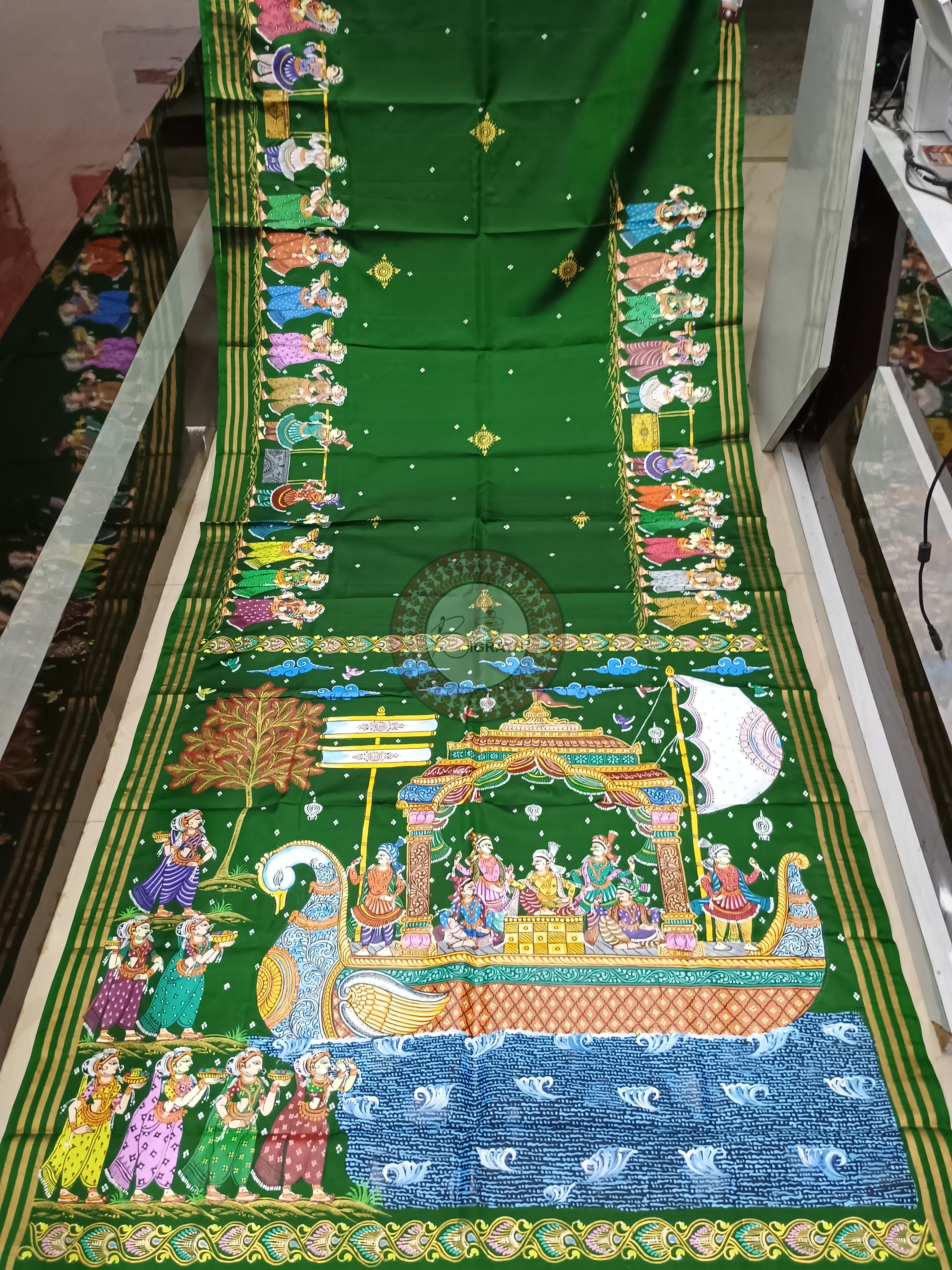 Green Boita Bandana Theme Pattachitra Kanjeeveram Silk Saree