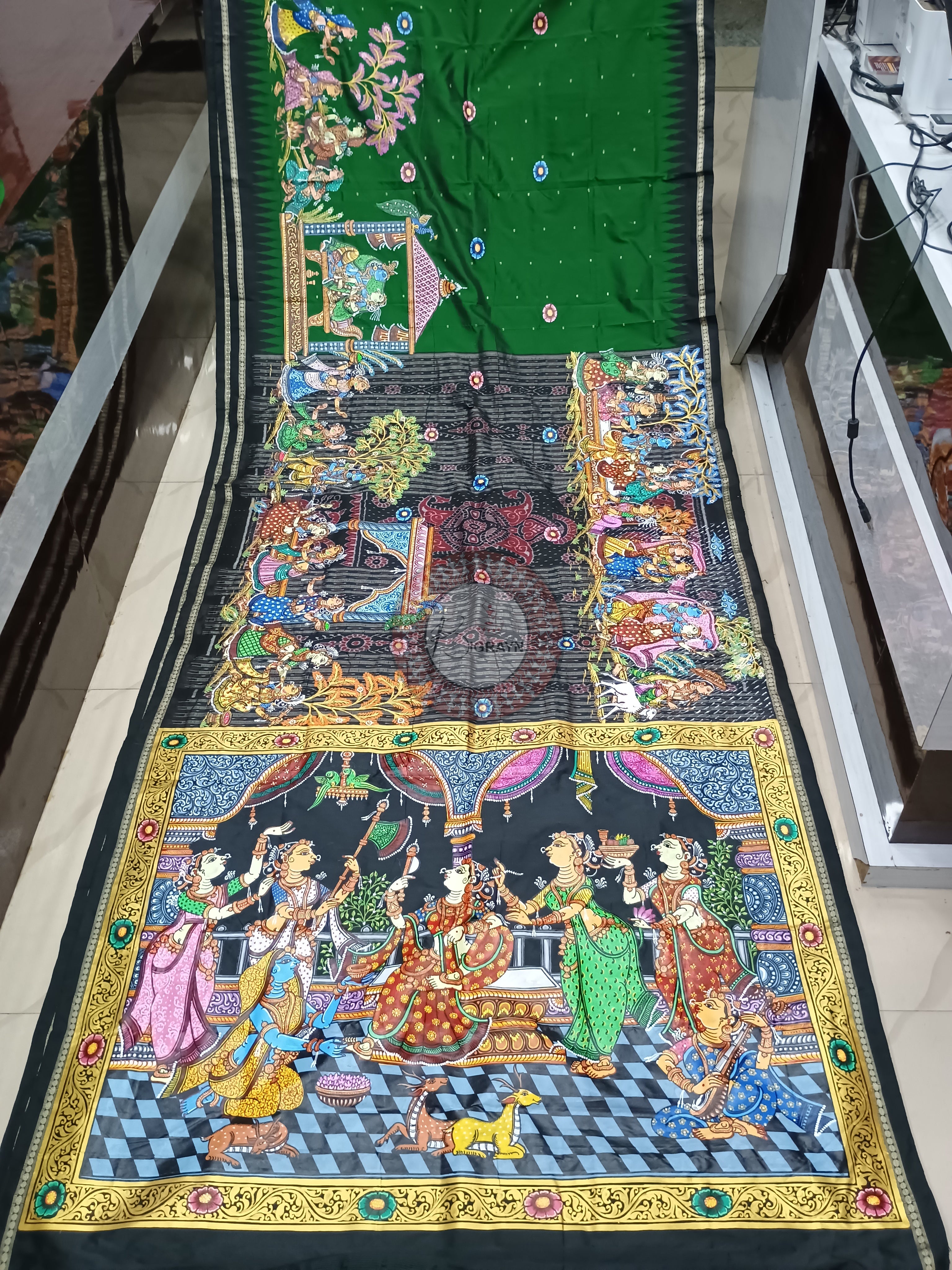 Green Black 6 Season Theme Pattachitra Silk Saree