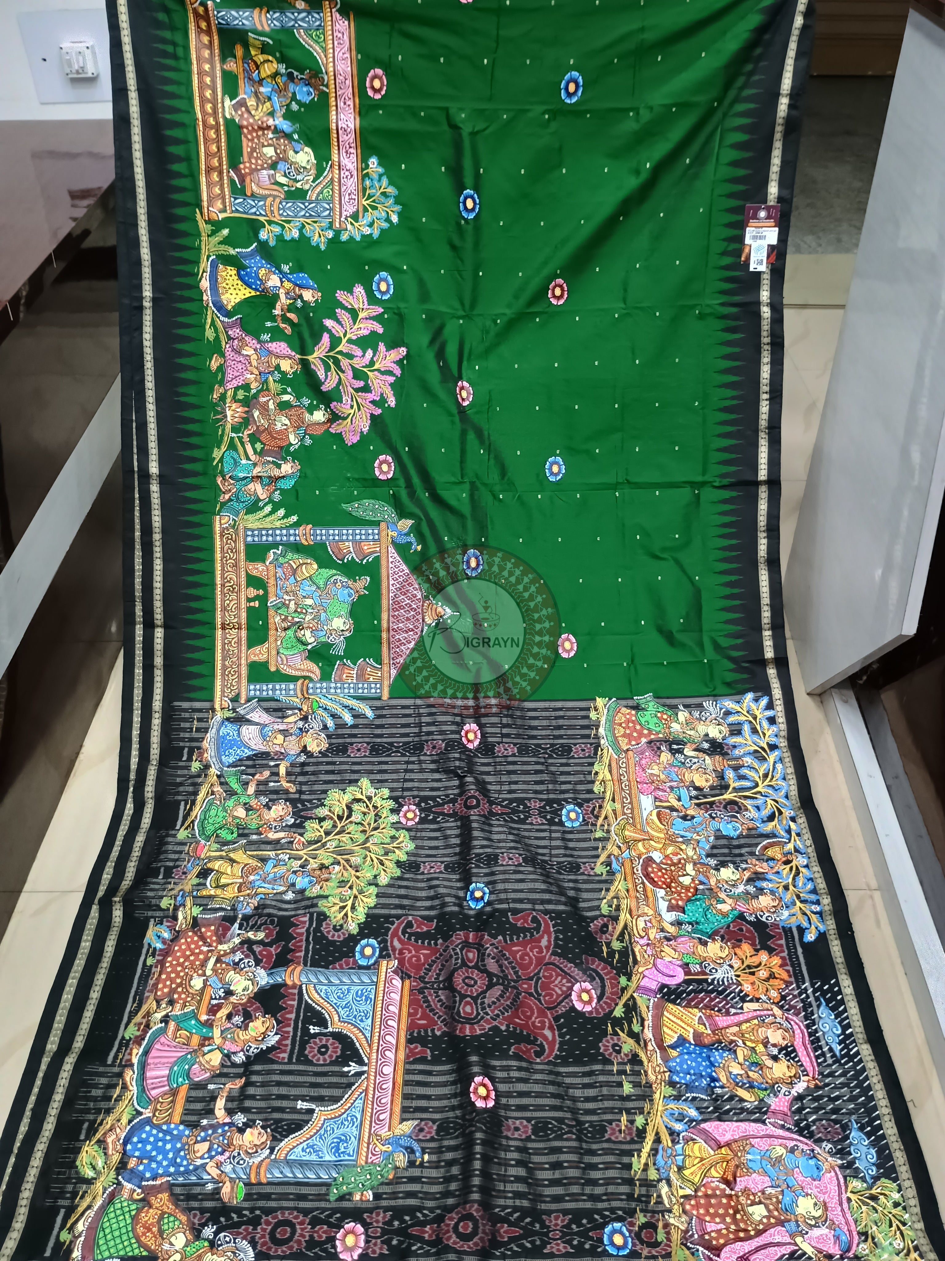 Green Black 6 Season Theme Pattachitra Silk Saree