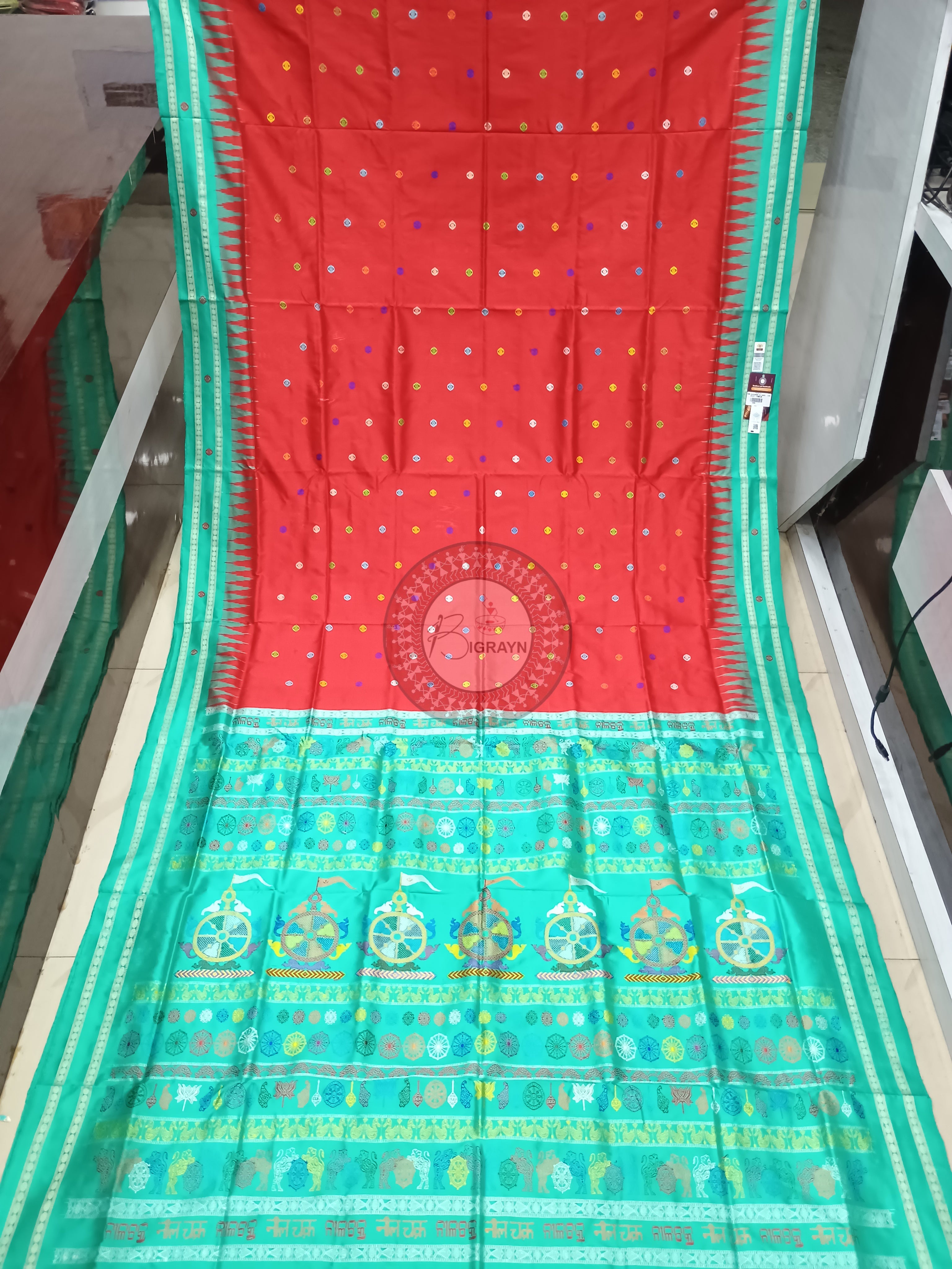 Red Sea Green Neela Chakra Sambalpuri Silk Saree