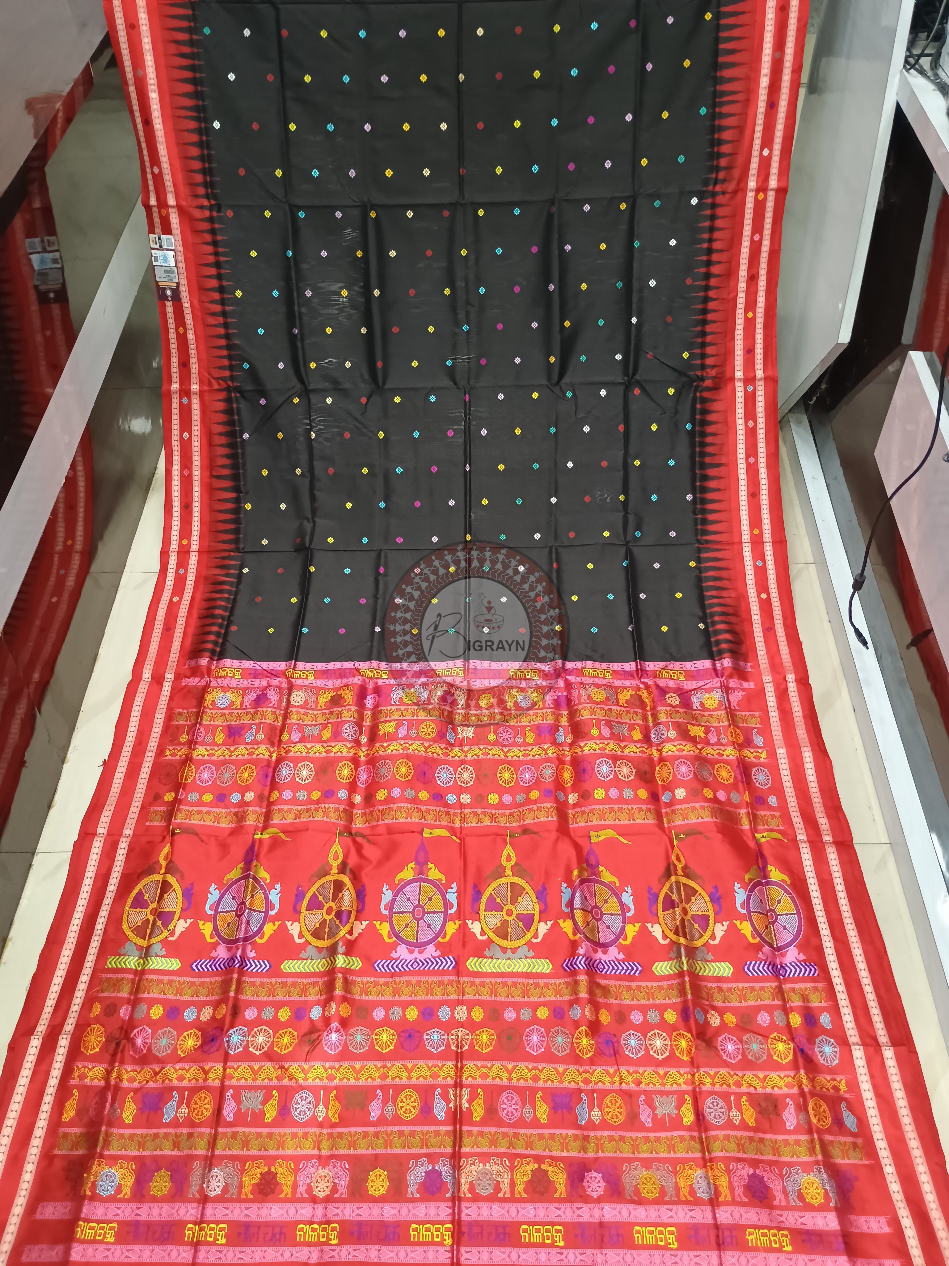 Black Red Neela Chakra Sambalpuri Silk Saree