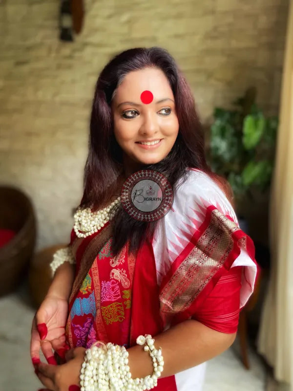 White Red Rasleela Exclusive Sambalpuri Silk Saree