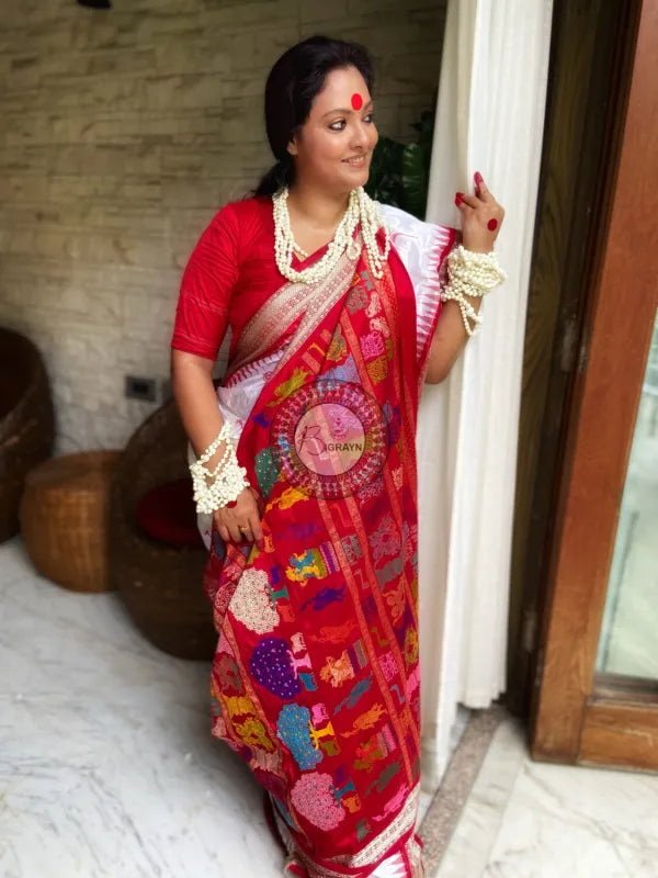 White Red Rasleela Exclusive Sambalpuri Silk Saree