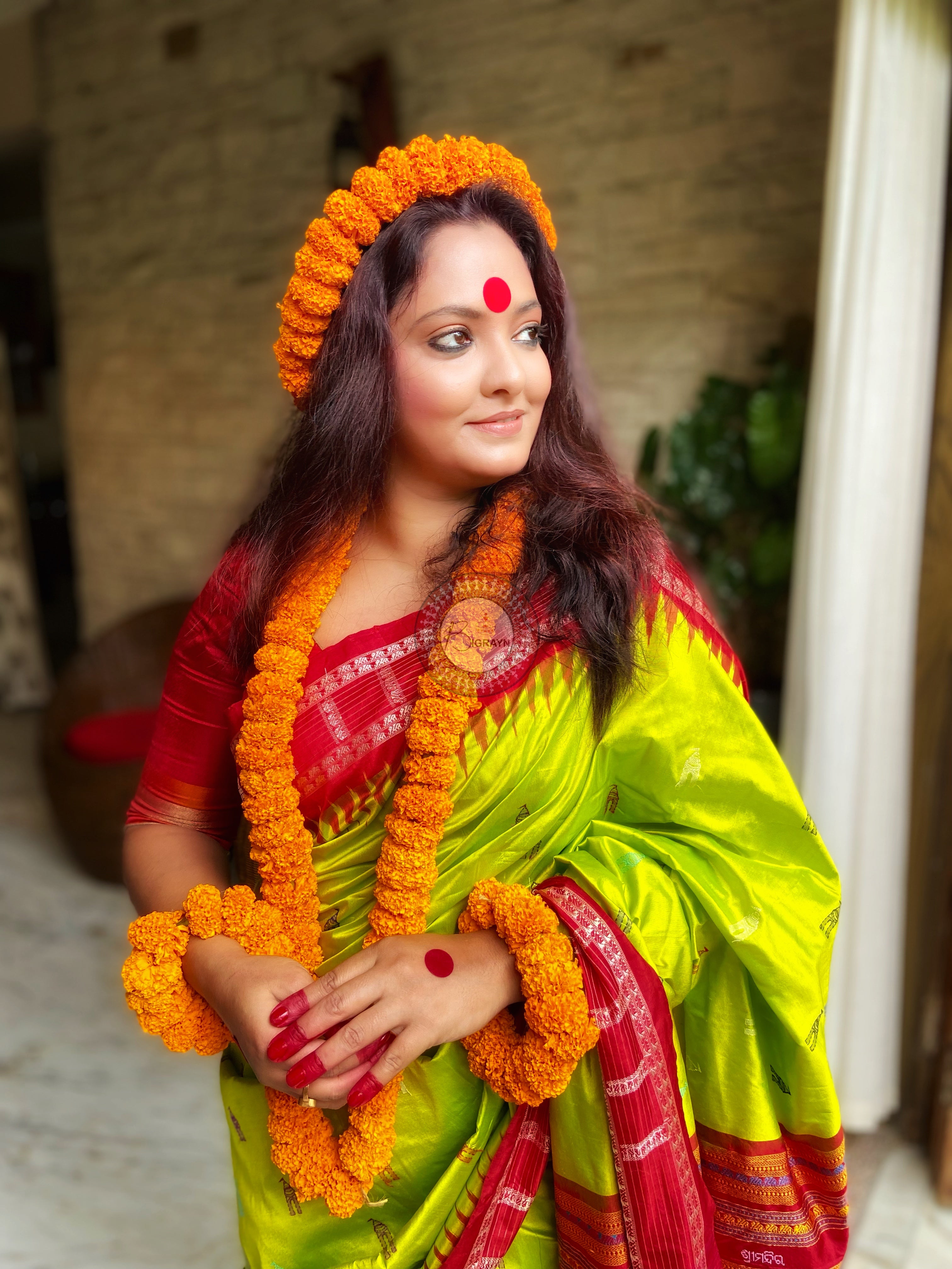 Neon Green Red Sri Mandir Sambalpuri Silk Saree