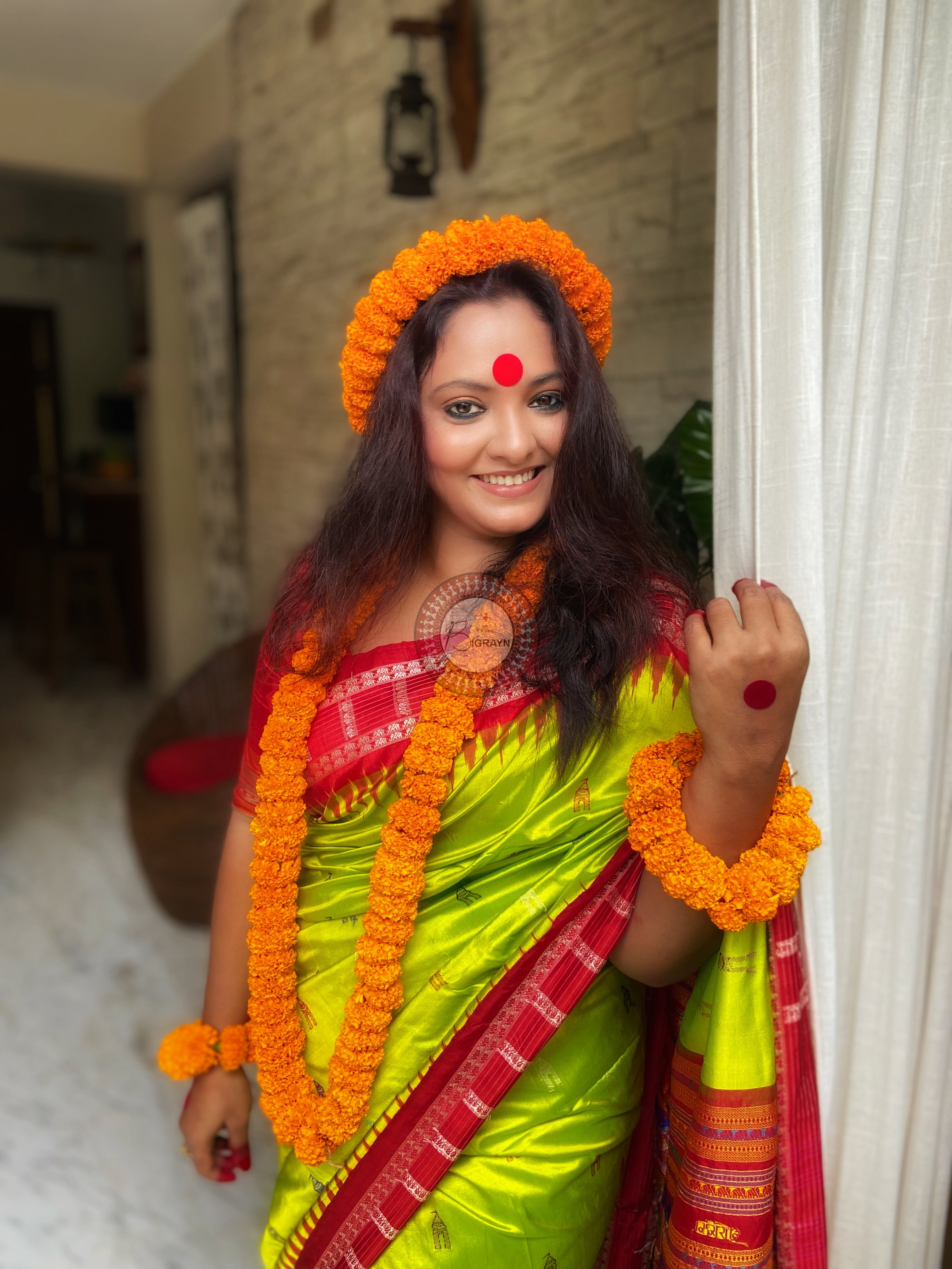 Neon Green Red Sri Mandir Sambalpuri Silk Saree