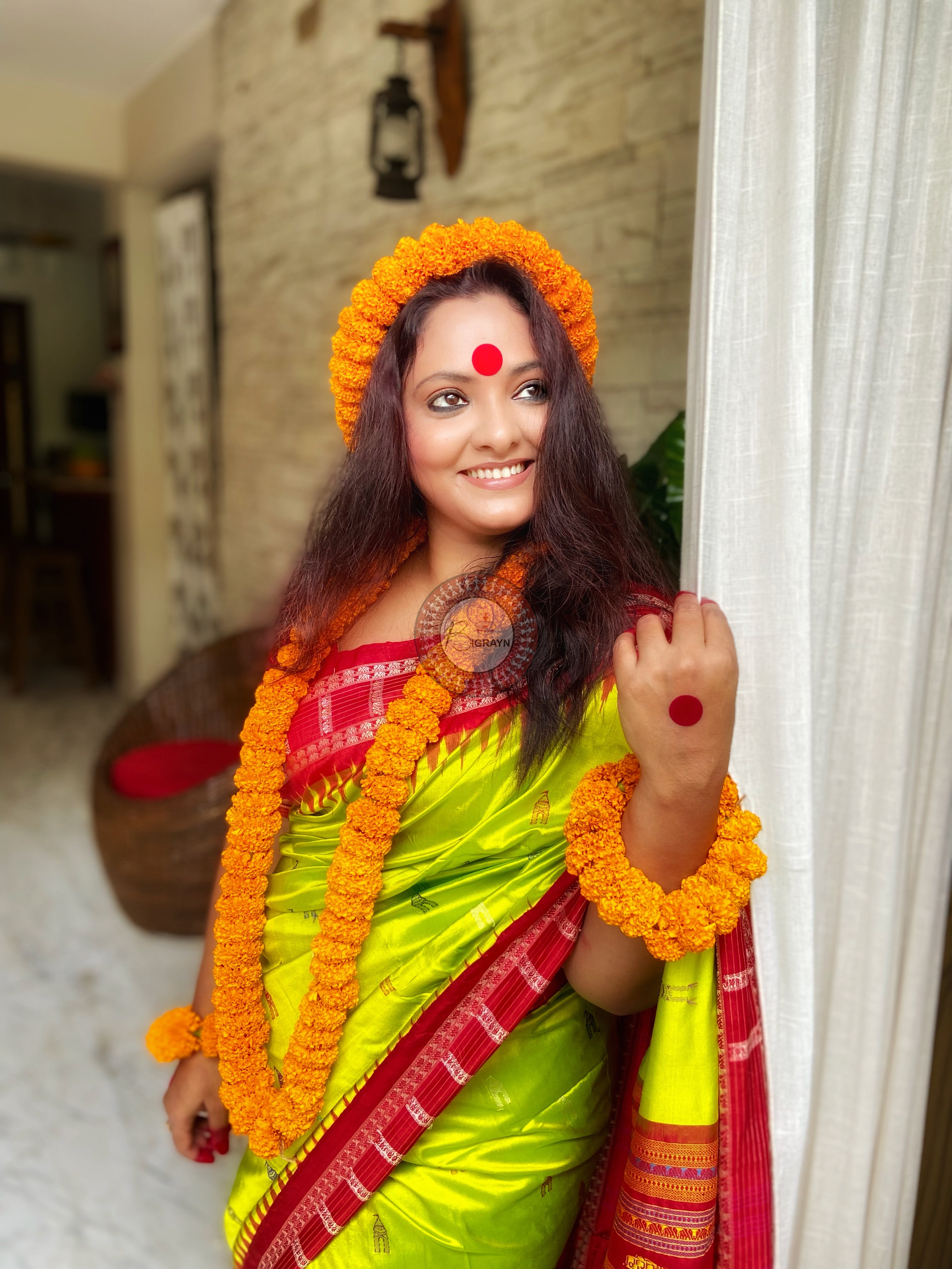 Neon Green Red Sri Mandir Sambalpuri Silk Saree