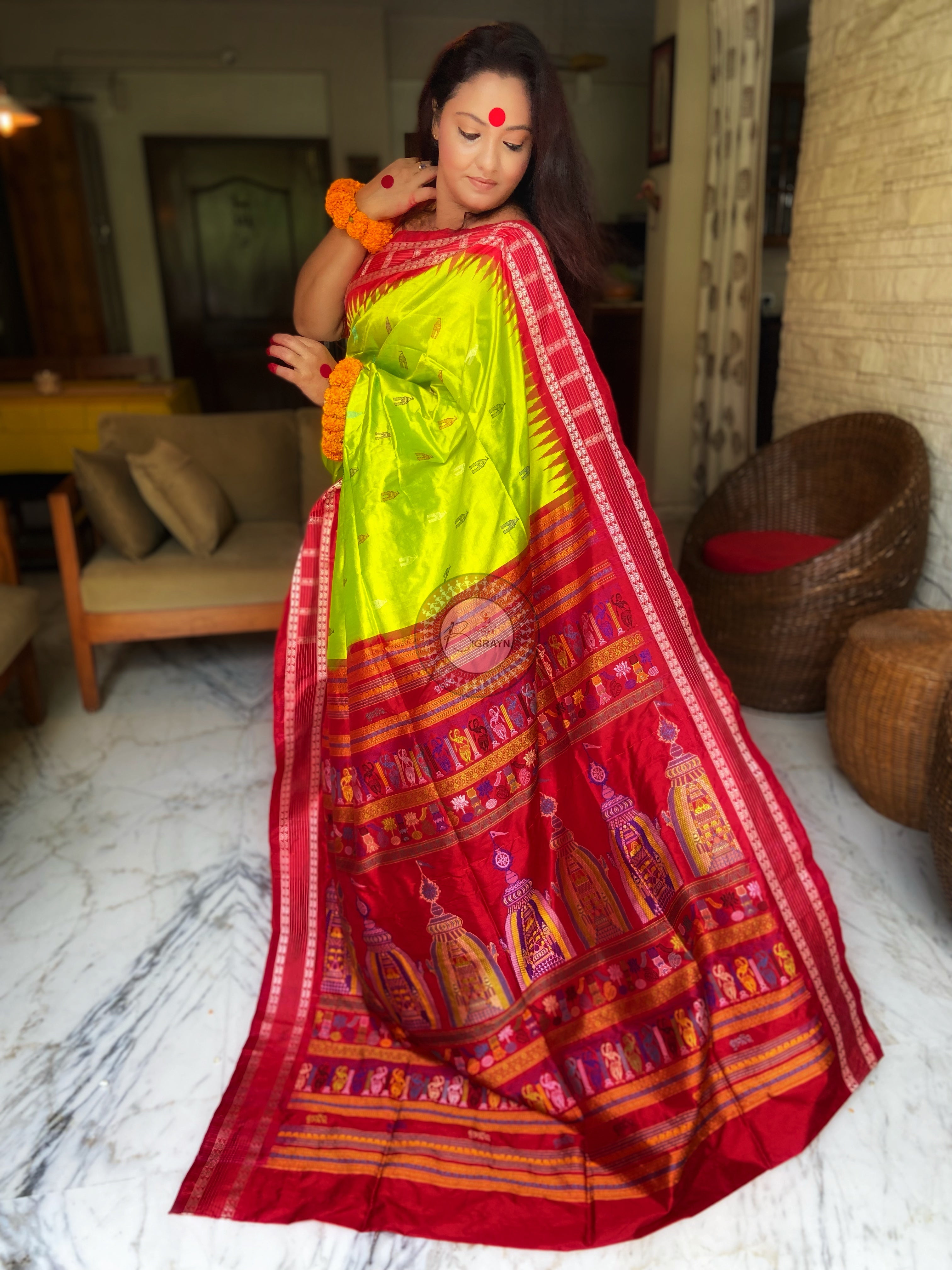 Neon Green Red Sri Mandir Sambalpuri Silk Saree