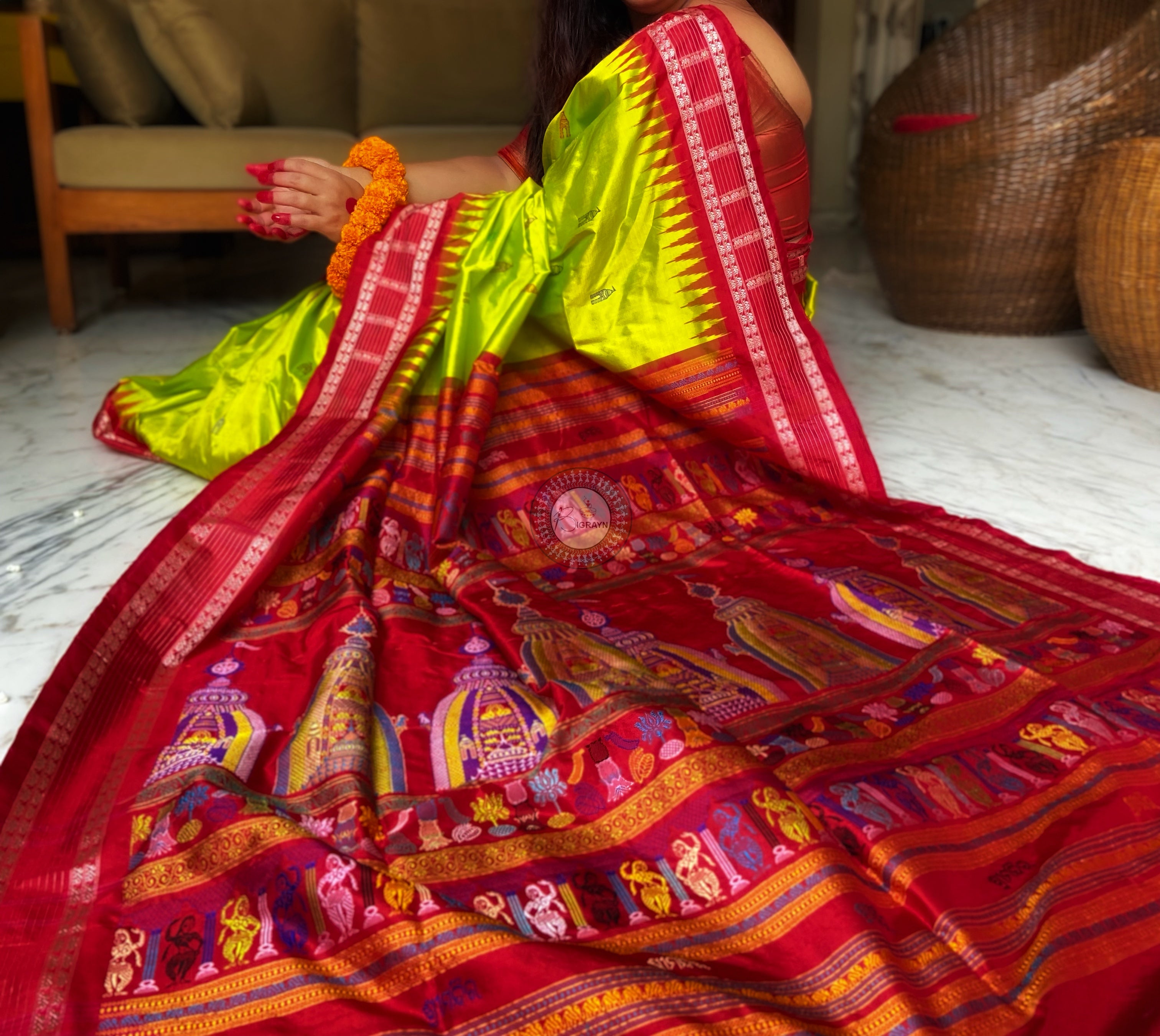 Neon Green Red Sri Mandir Sambalpuri Silk Saree