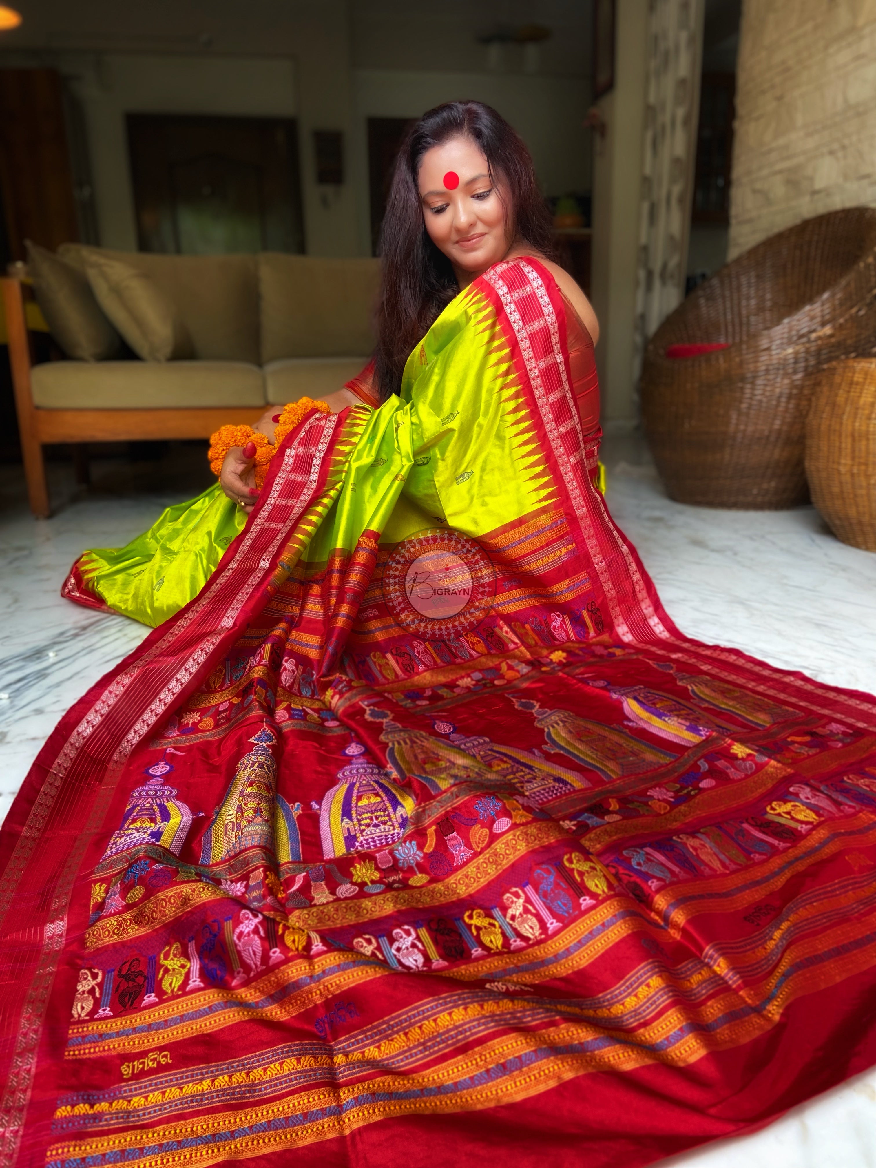 Neon Green Red Sri Mandir Sambalpuri Silk Saree