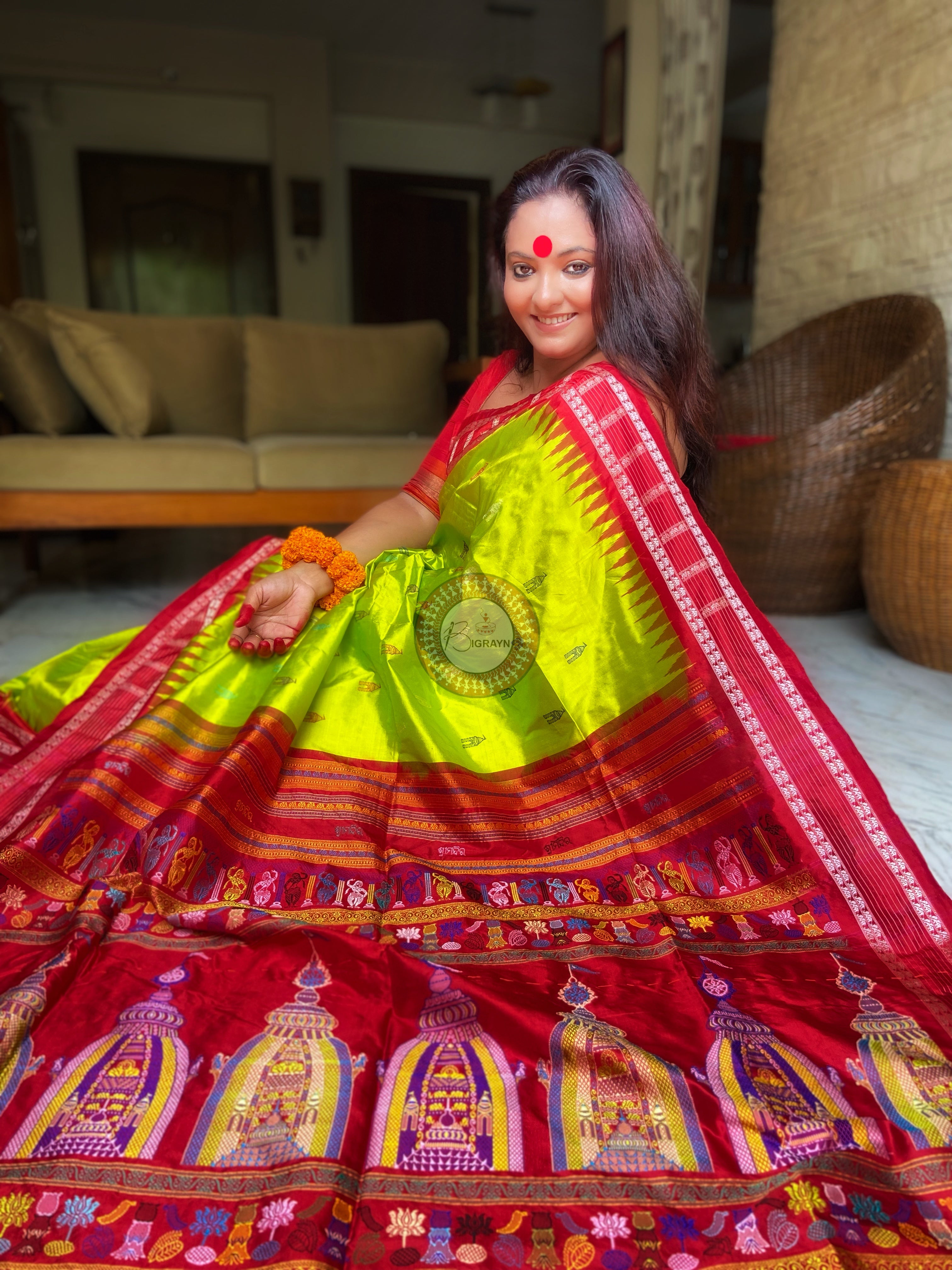 Neon Green Red Sri Mandir Sambalpuri Silk Saree