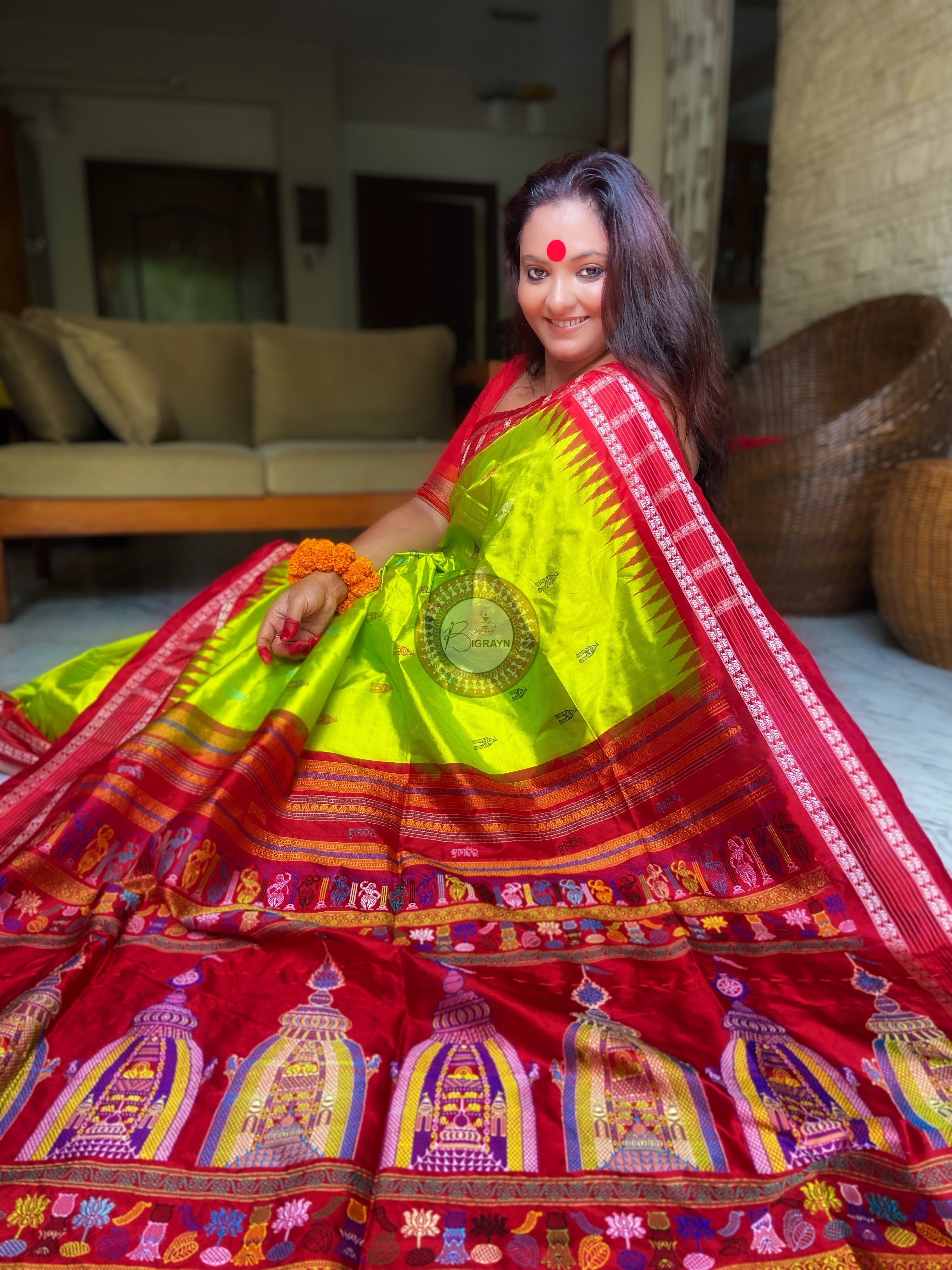 Neon Green Red Sri Mandir Sambalpuri Silk Saree