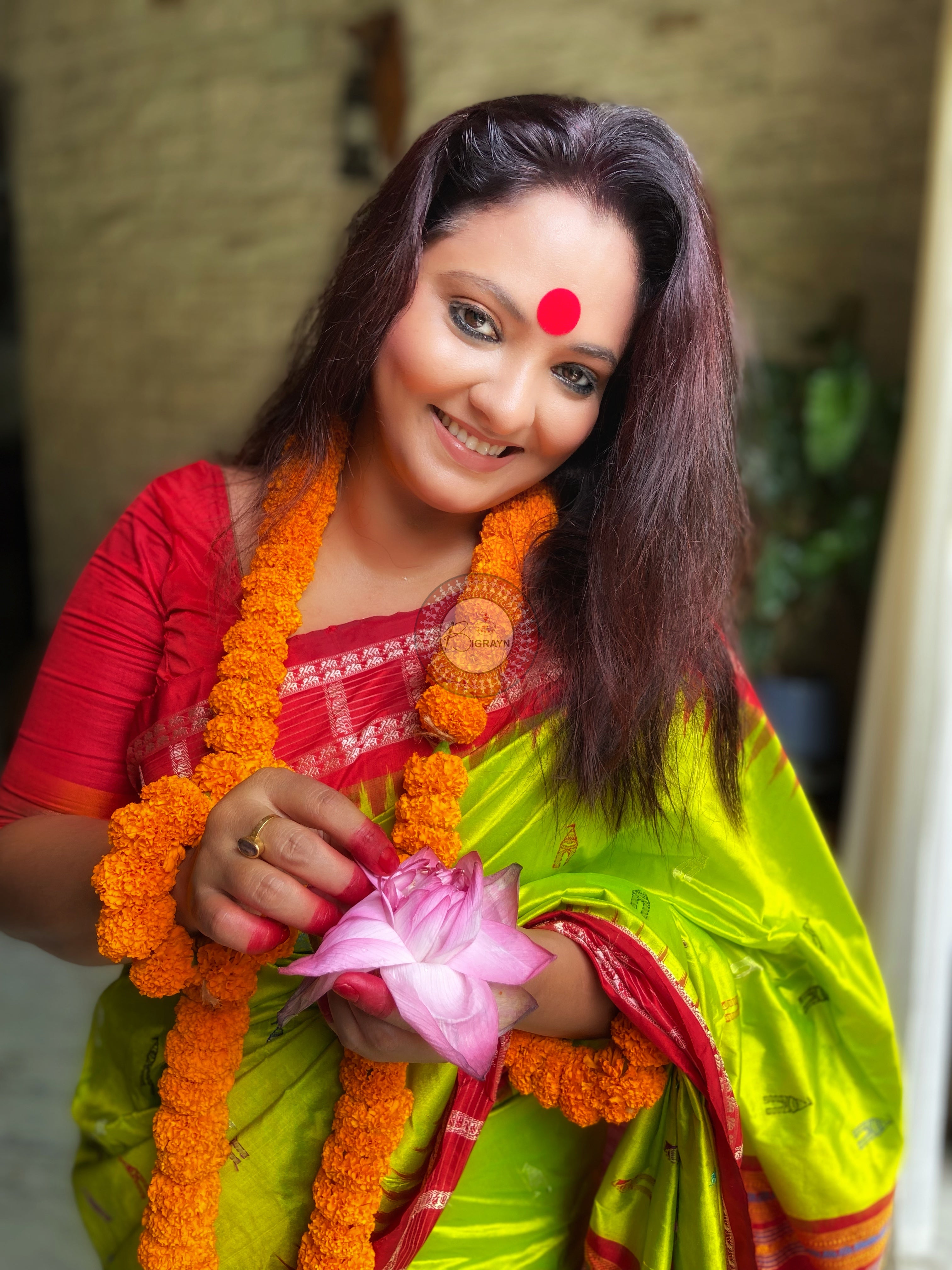 Neon Green Red Sri Mandir Sambalpuri Silk Saree