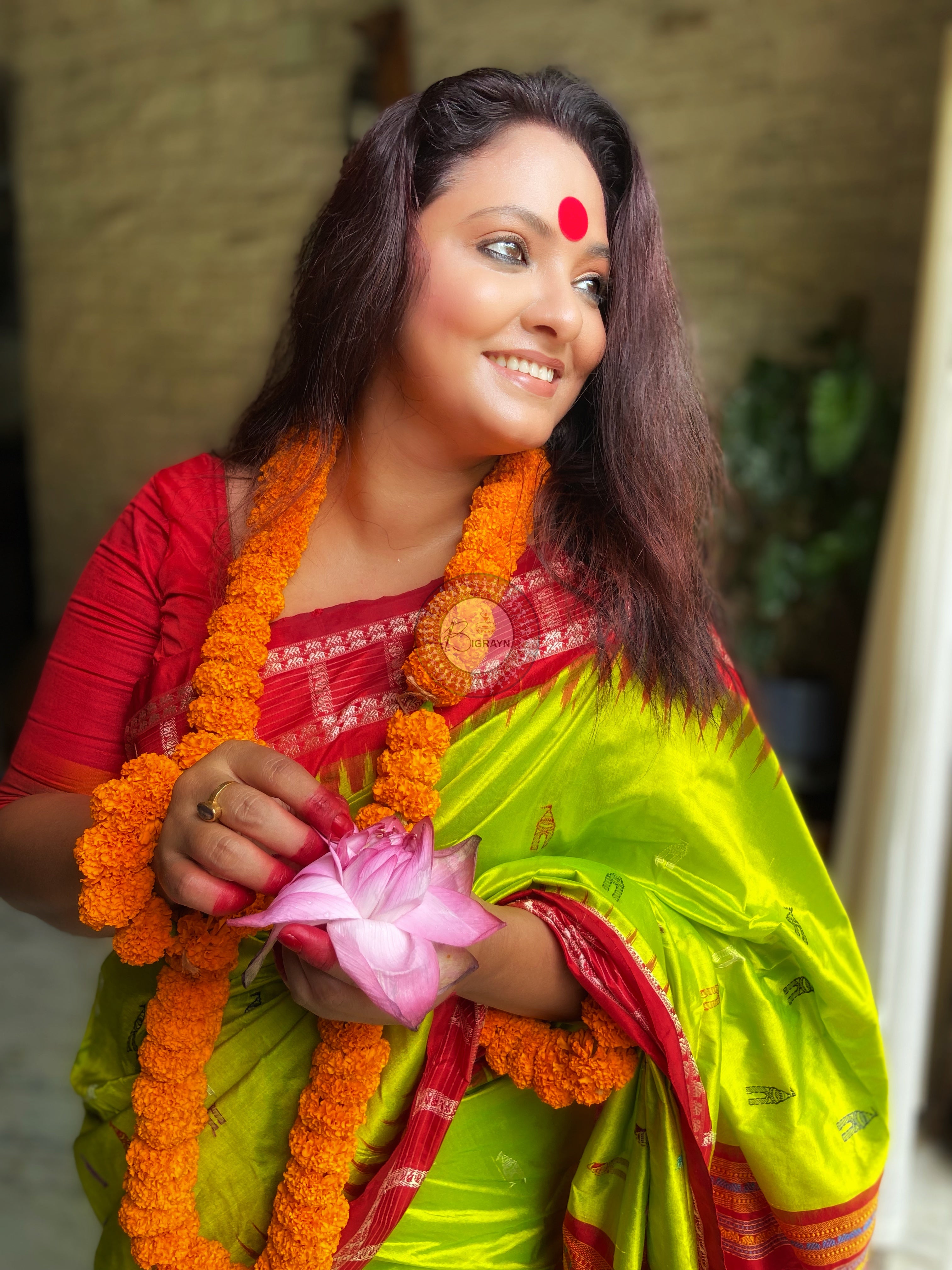 Neon Green Red Sri Mandir Sambalpuri Silk Saree