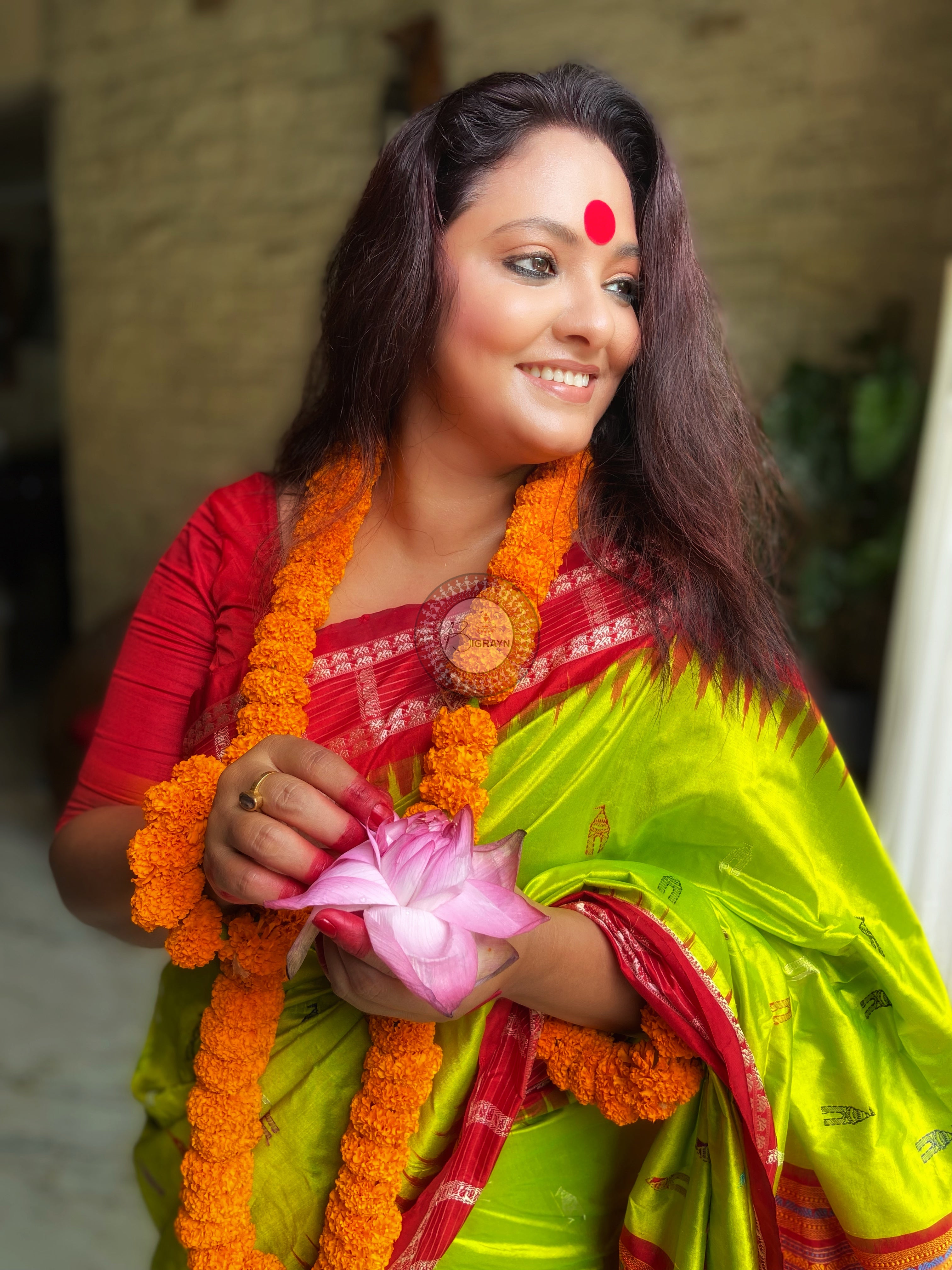 Neon Green Red Sri Mandir Sambalpuri Silk Saree