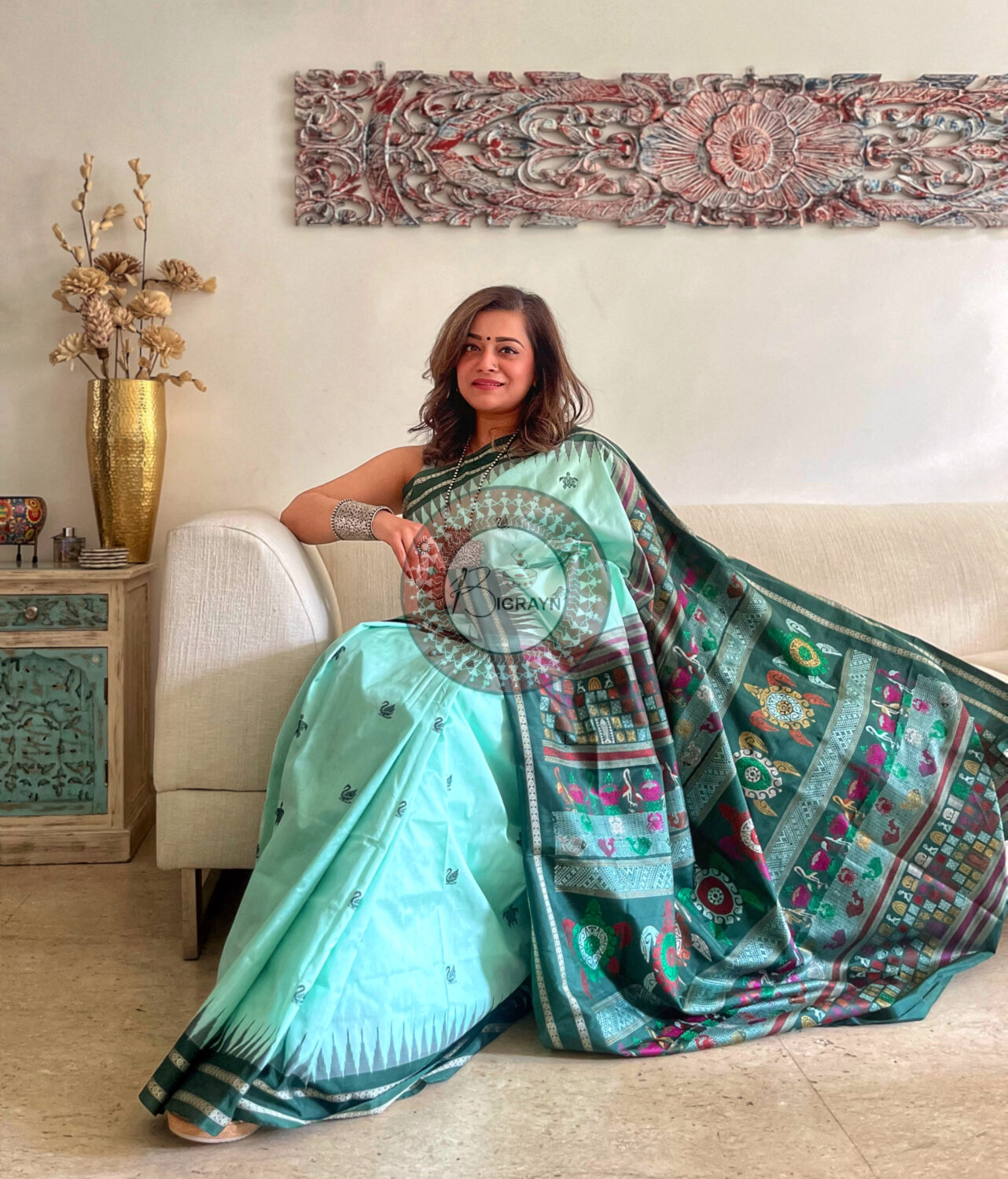 Aqua Green Chilika Theme Exclusive Sambalpuri Silk Saree