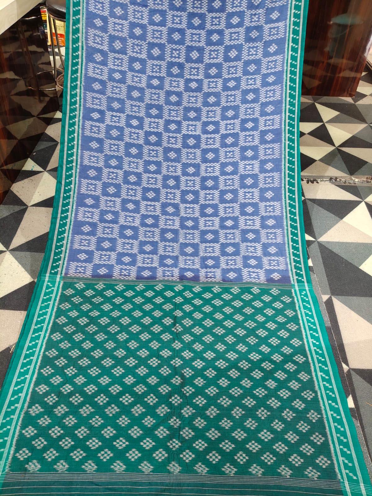 Indigo Blue Buttle Green Pasapali Design Khandua Cotton Saree