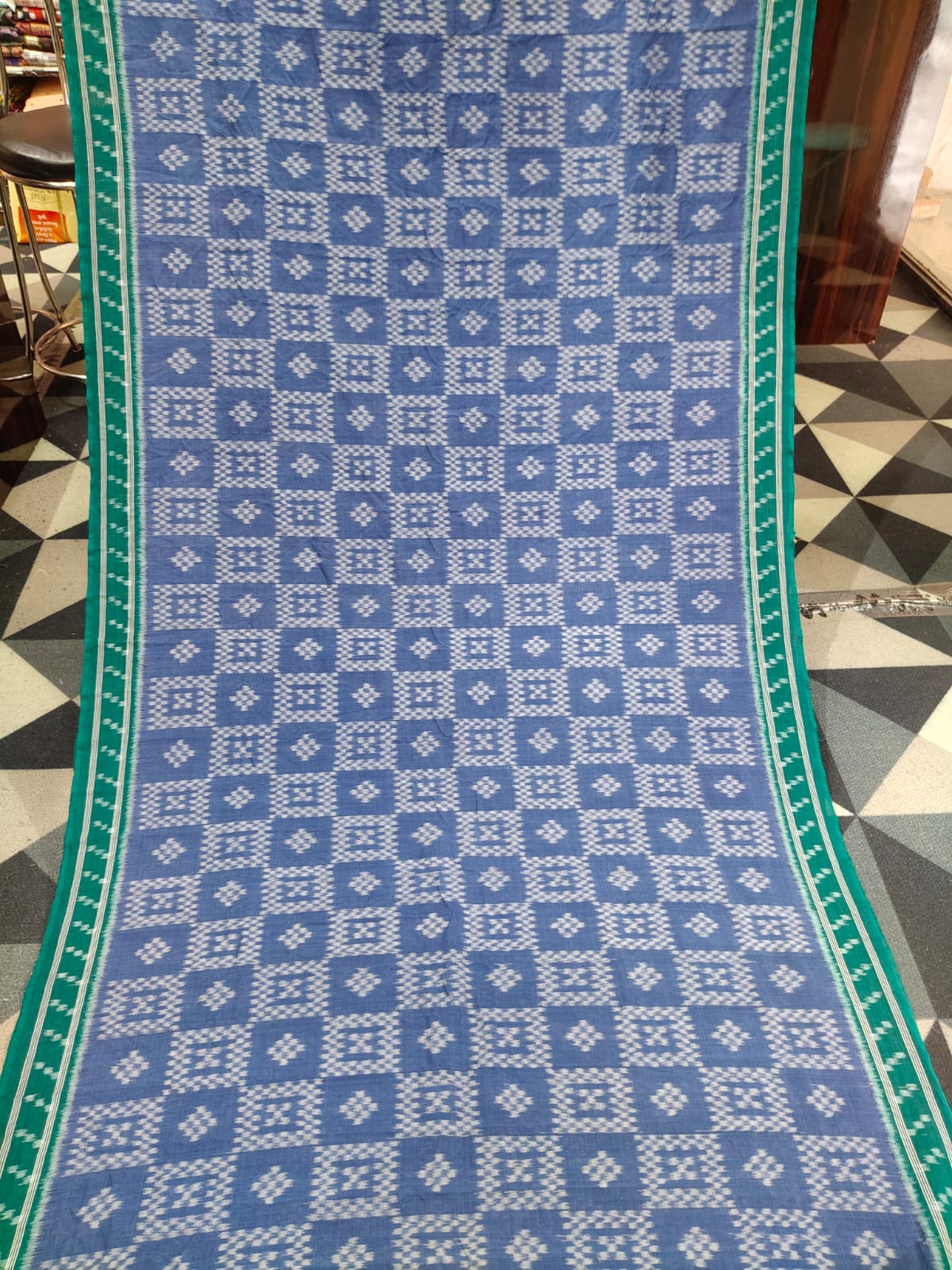 Indigo Blue Buttle Green Pasapali Design Khandua Cotton Saree