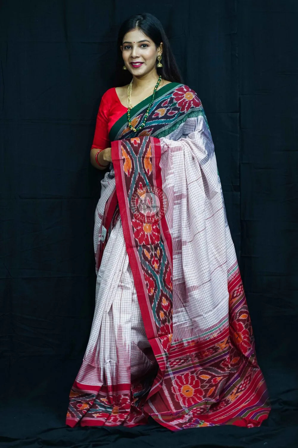 White Ganga Jamuna Border Nuapatna Cotton Saree