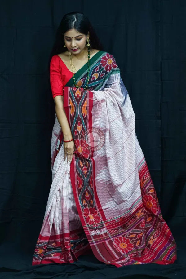 White Ganga Jamuna Border Nuapatna Cotton Saree