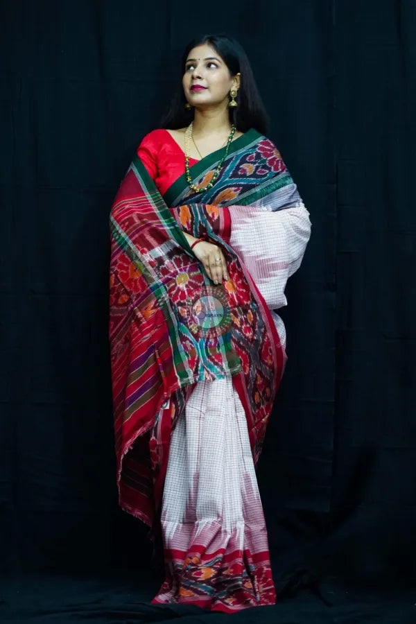 White Ganga Jamuna Border Nuapatna Cotton Saree