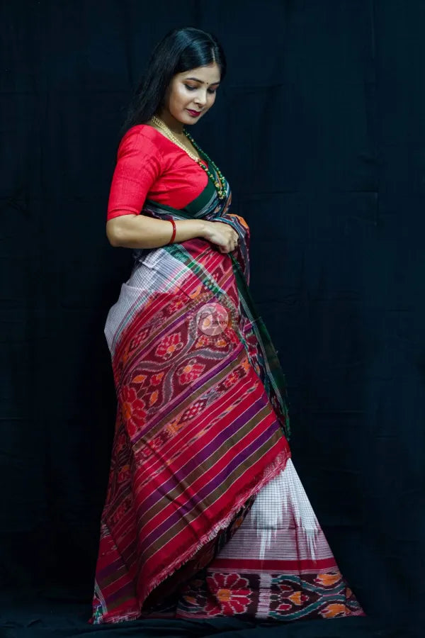 White Ganga Jamuna Border Nuapatna Cotton Saree