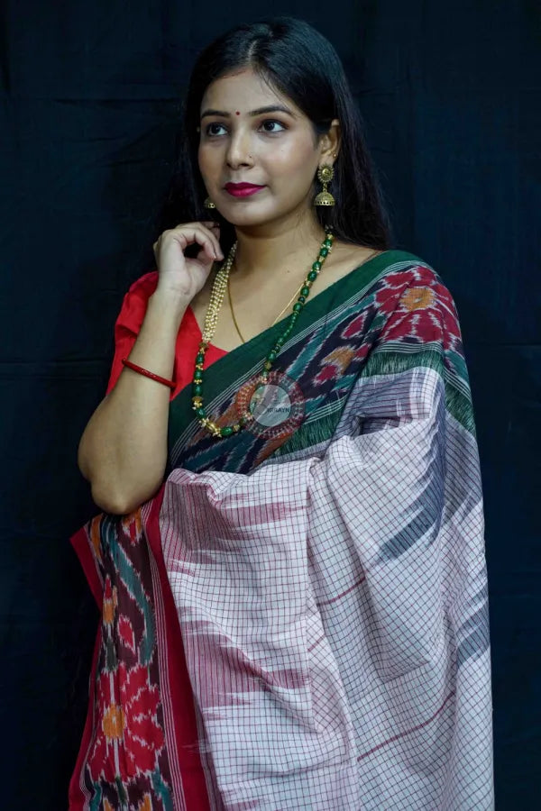 White Ganga Jamuna Border Nuapatna Cotton Saree