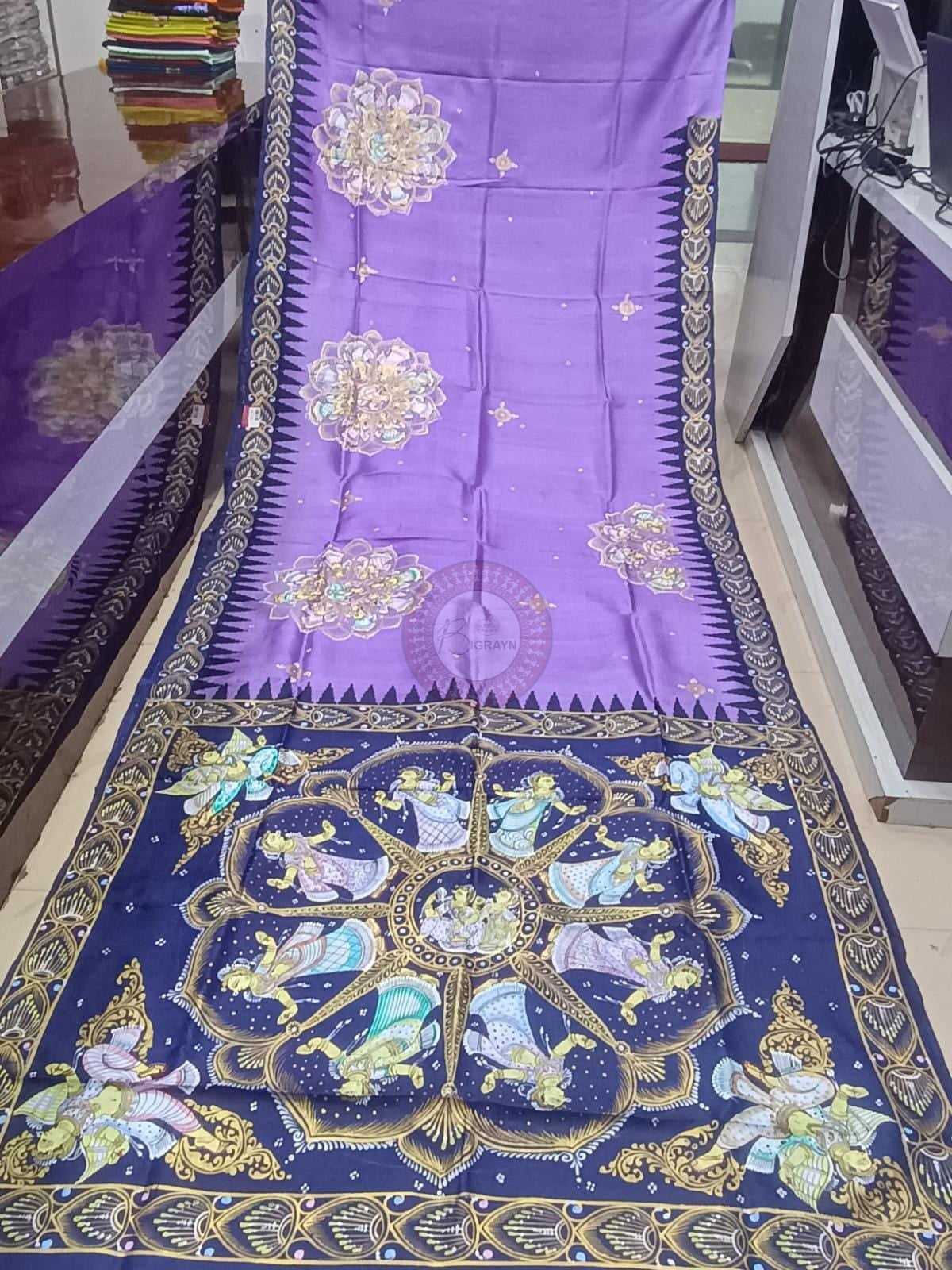 Lavender Blue Round Dancer Theme Pattachitra Raw Silk Saree