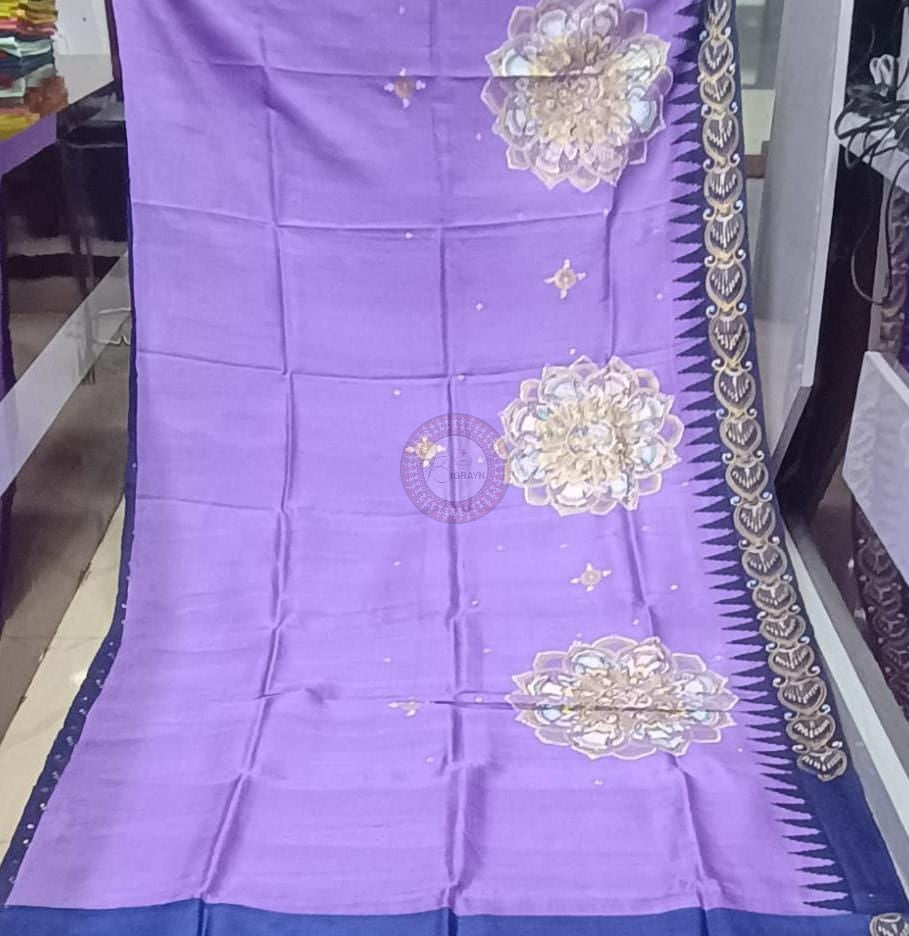 Lavender Blue Round Dancer Theme Pattachitra Raw Silk Saree