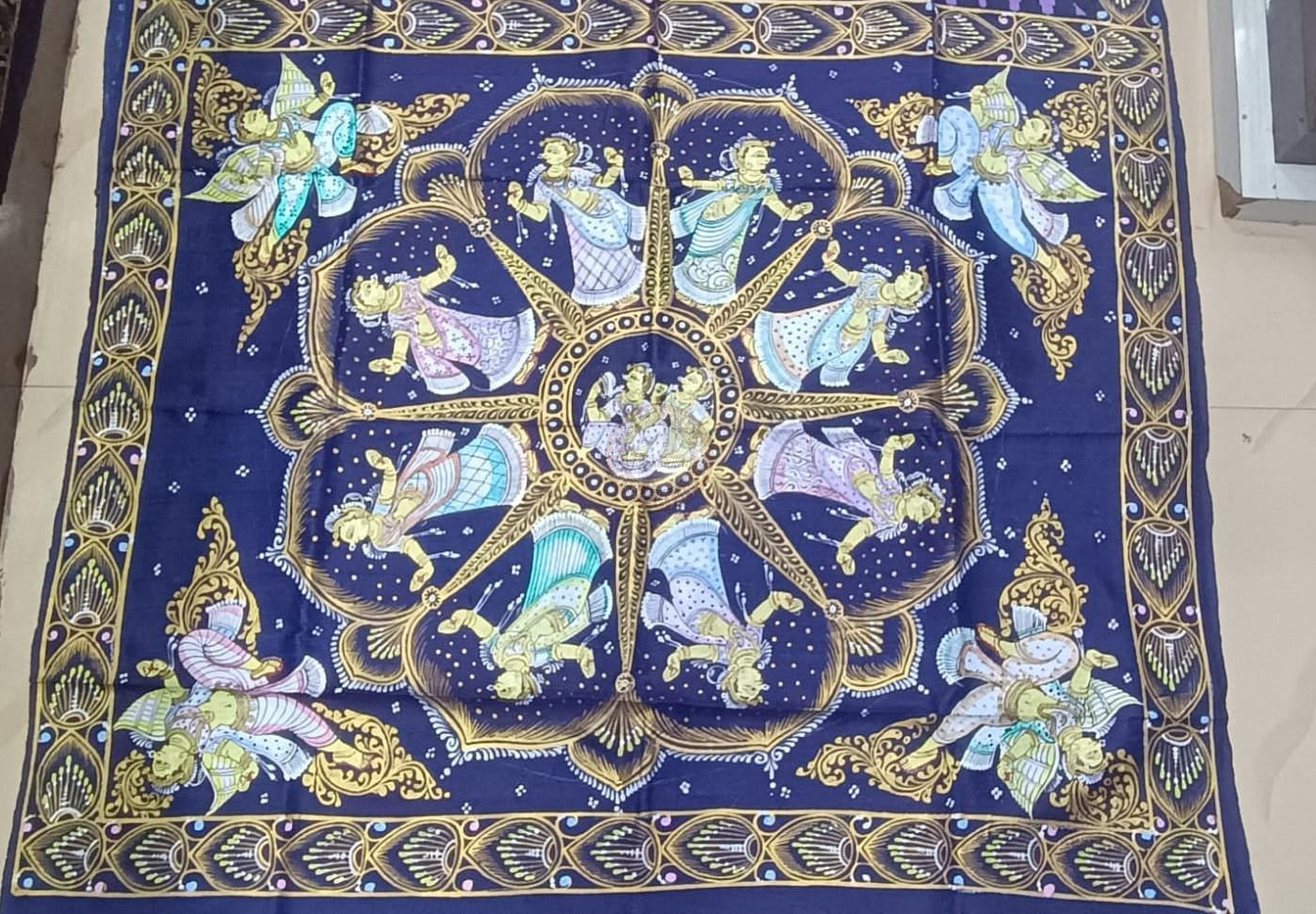 Lavender Blue Round Dancer Theme Pattachitra Raw Silk Saree