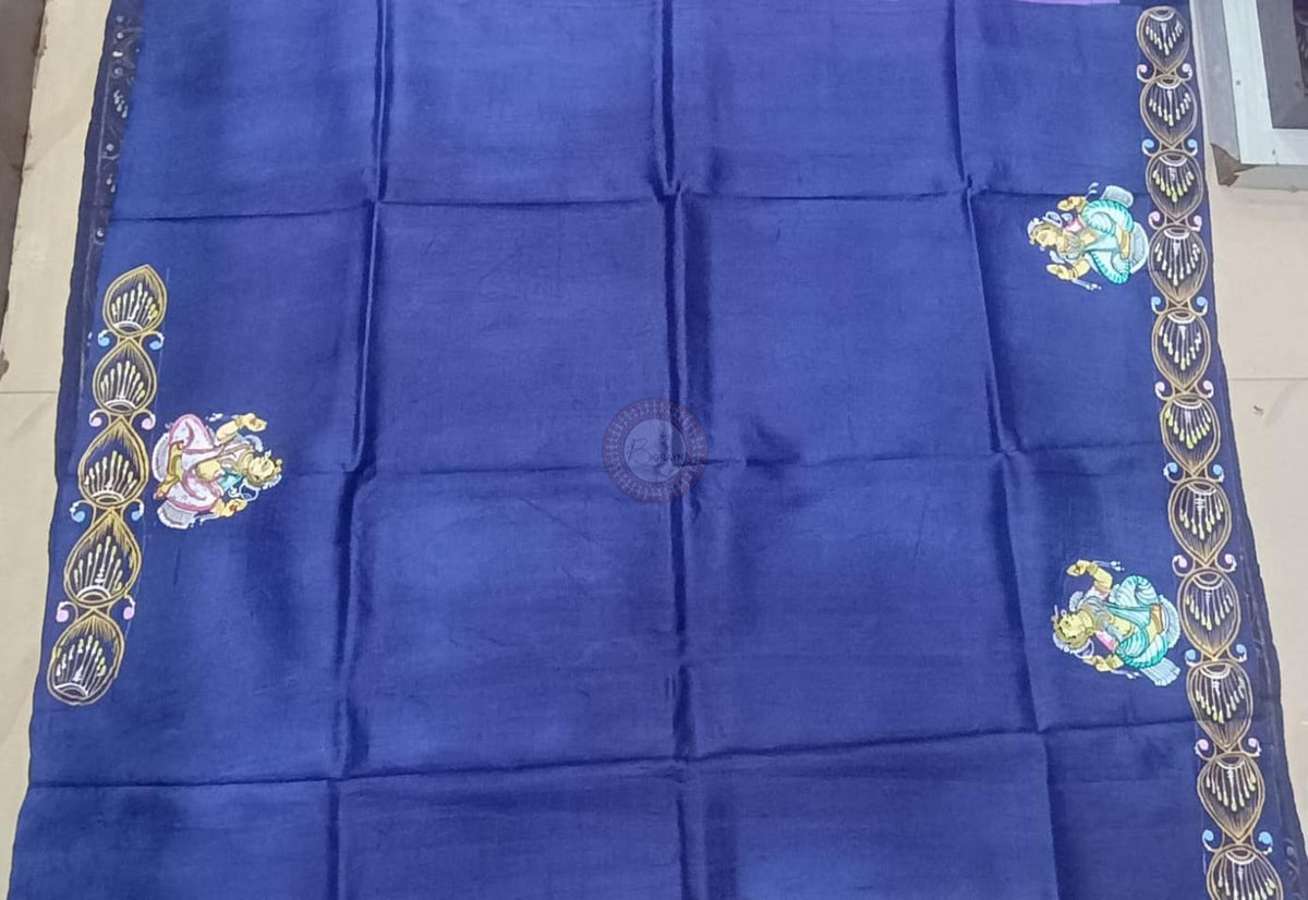 Lavender Blue Round Dancer Theme Pattachitra Raw Silk Saree