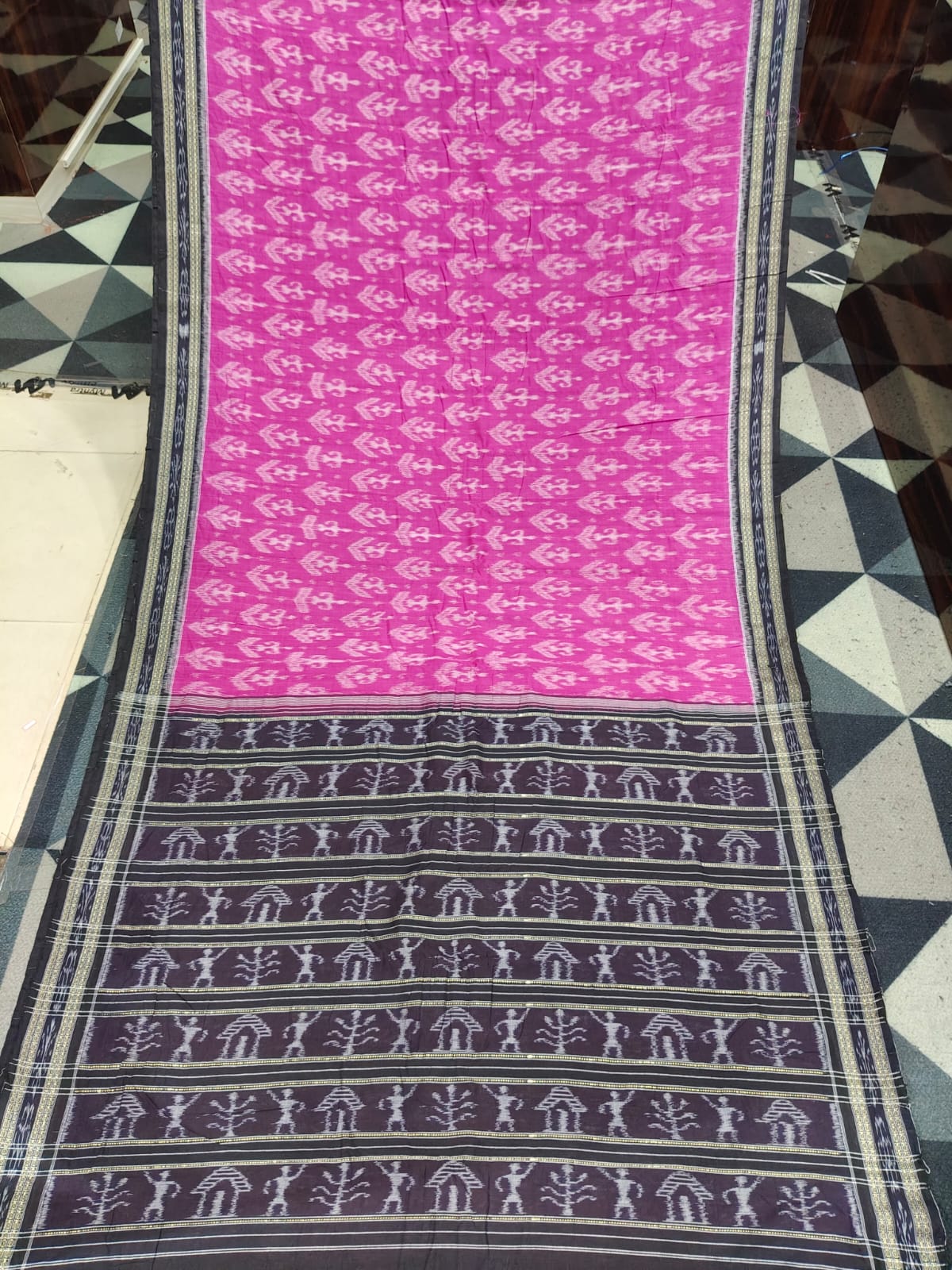 Magenta Black Tribal Design Khandua Cotton Saree