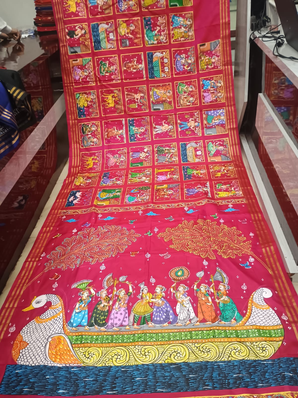 Magenta Small Box Boita Theme Pattachitra Kanjeeveram Silk Saree