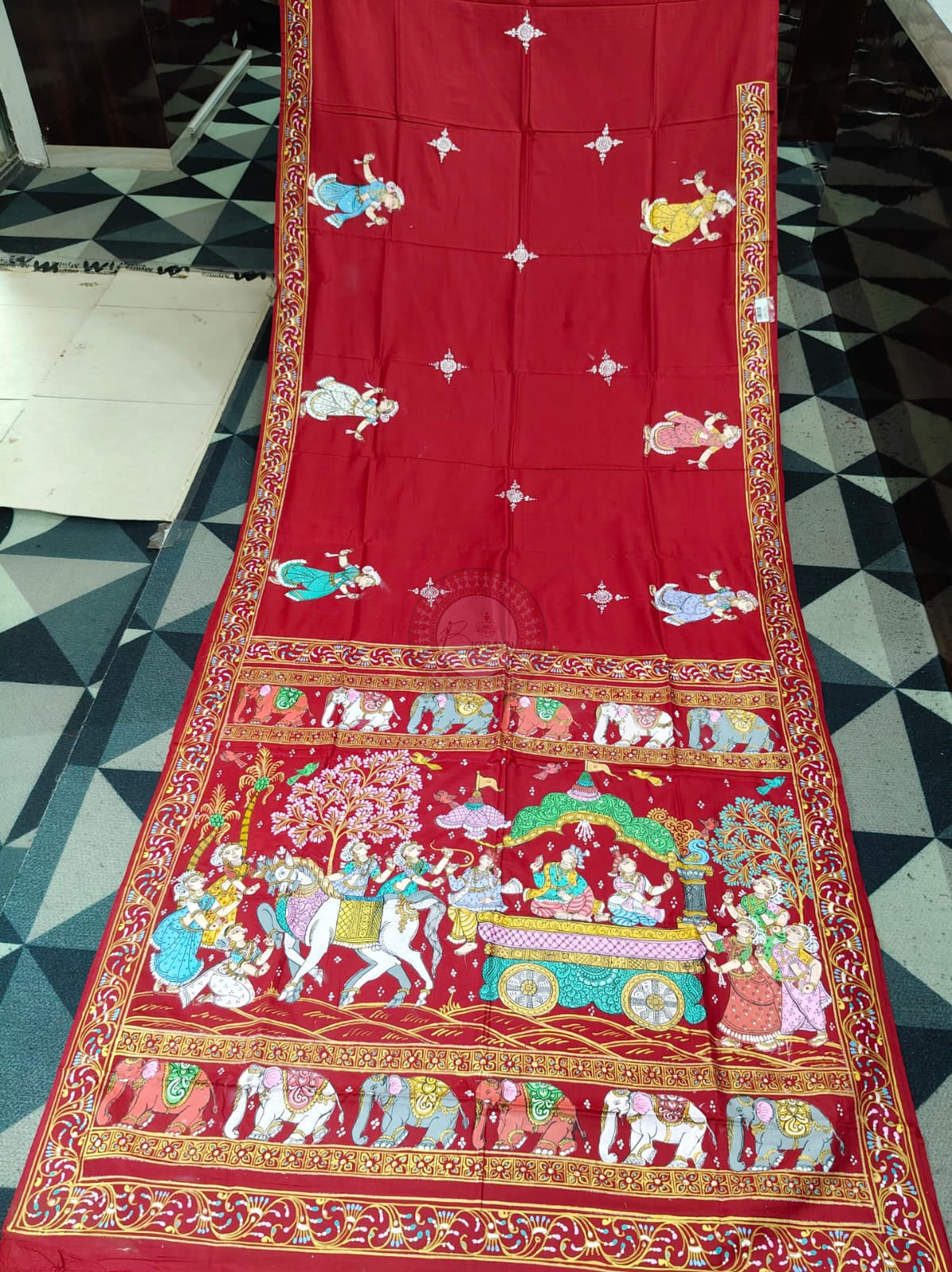 Maroon Mathura Vijay Theme Pattachitra Raw Silk Saree