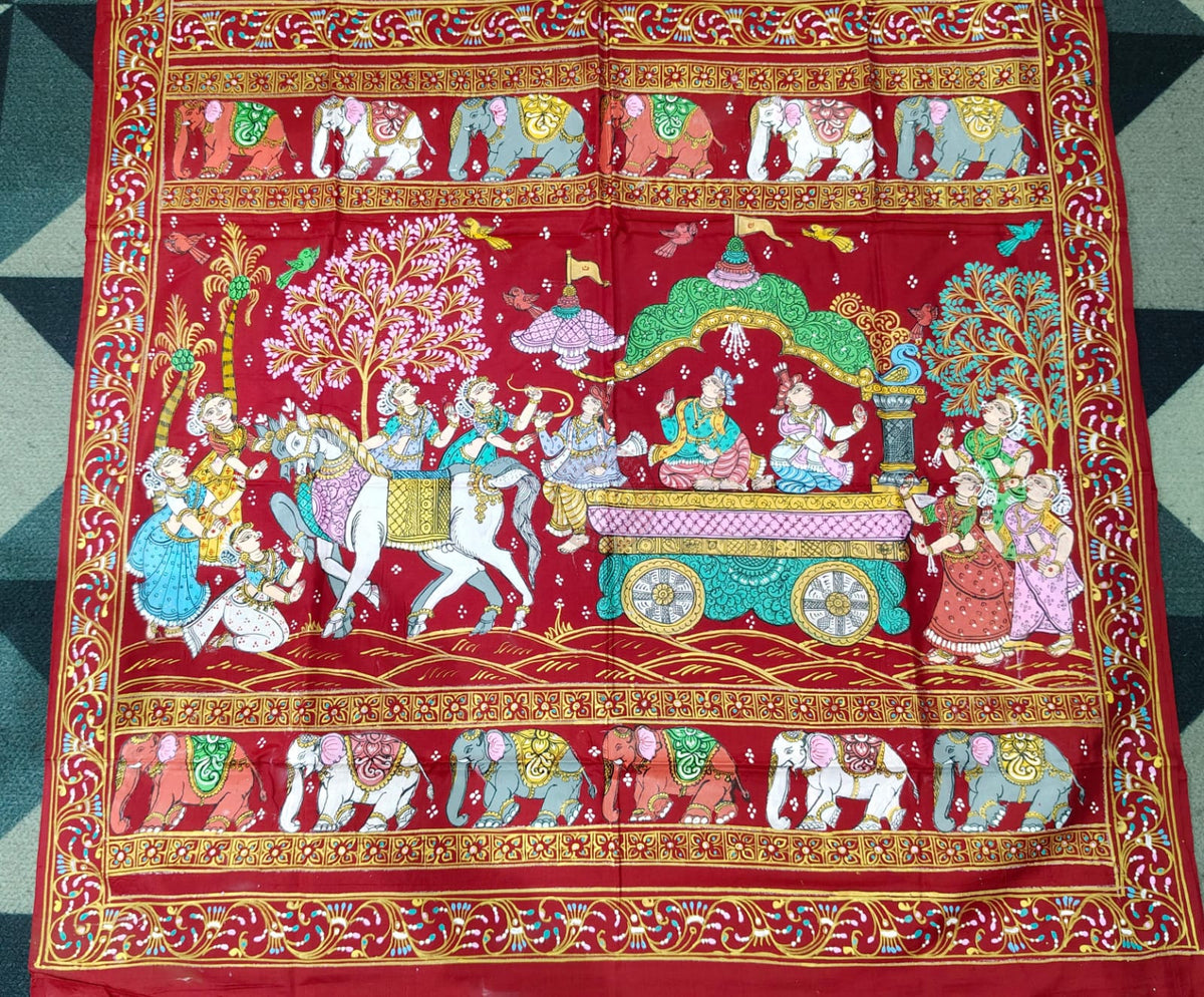 Maroon Mathura Vijay Theme Pattachitra Raw Silk Saree