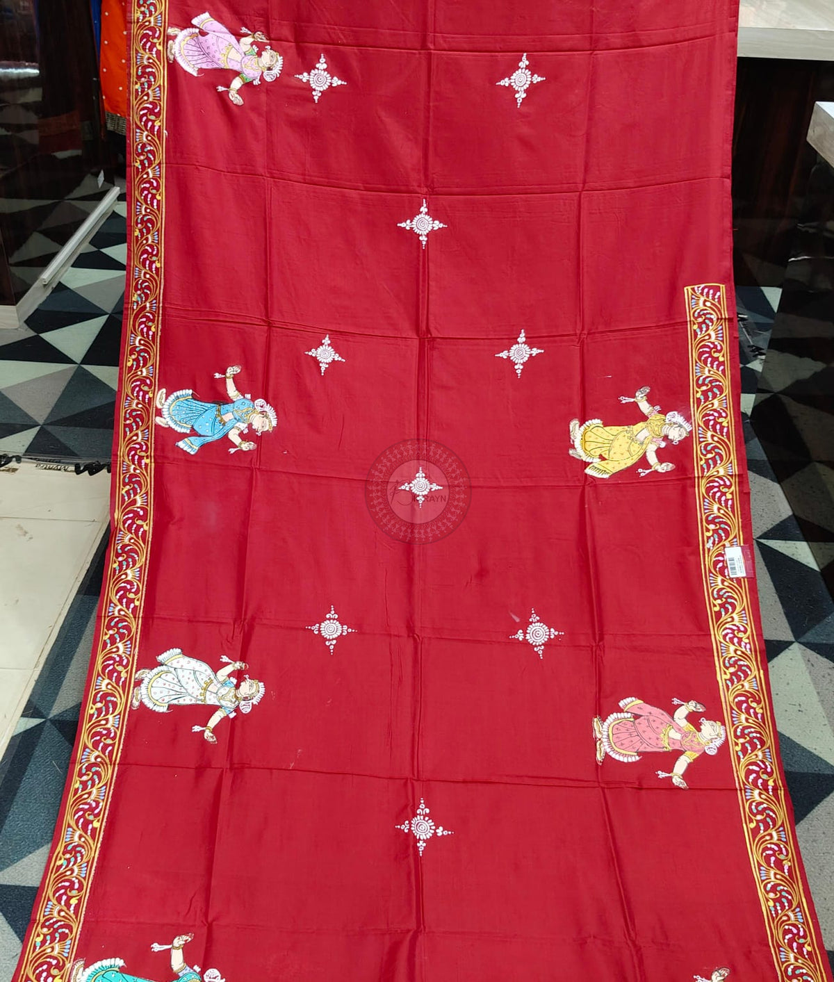 Maroon Mathura Vijay Theme Pattachitra Raw Silk Saree