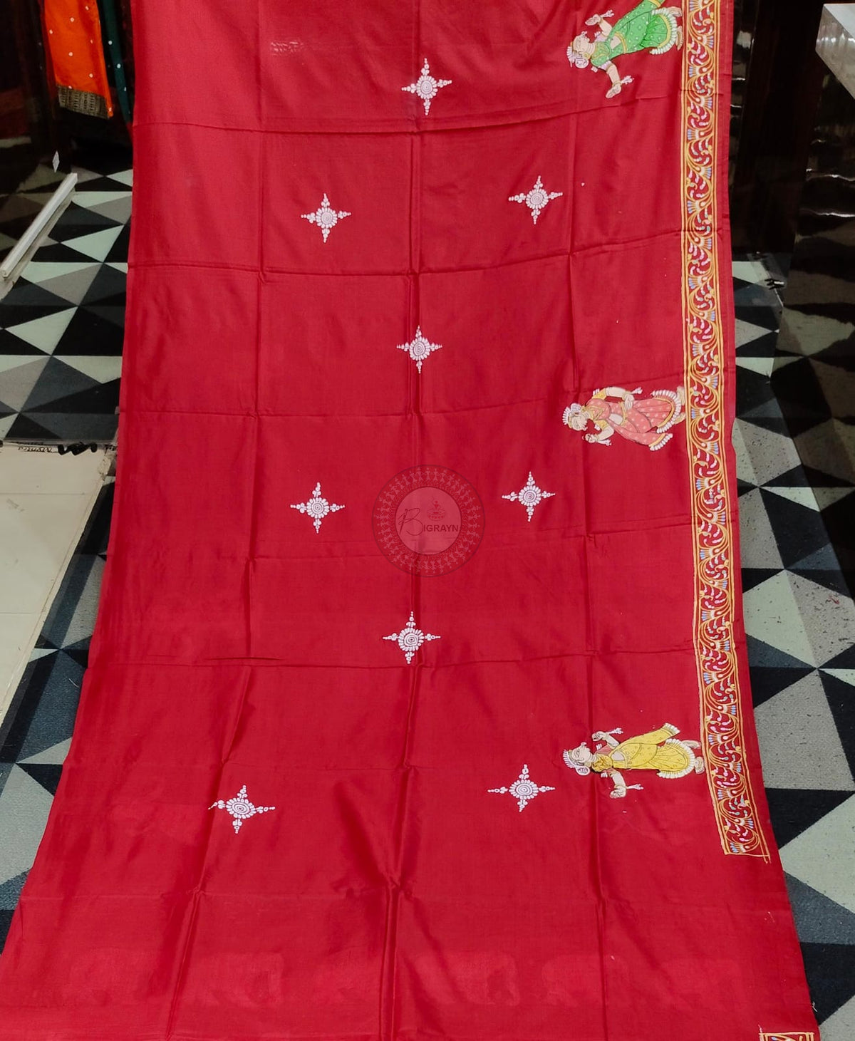 Maroon Mathura Vijay Theme Pattachitra Raw Silk Saree