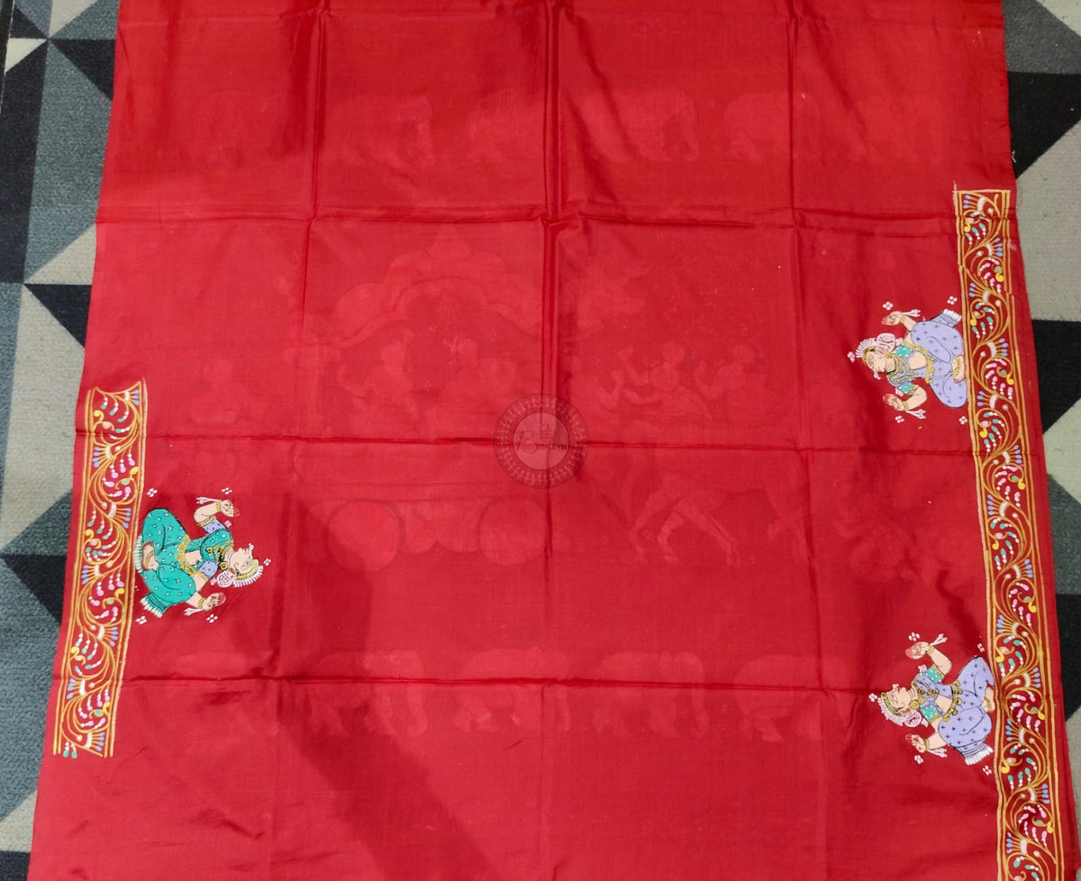 Maroon Mathura Vijay Theme Pattachitra Raw Silk Saree