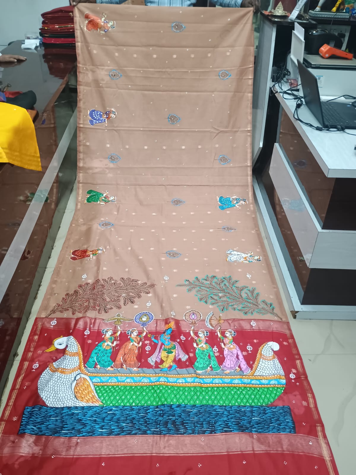 Beige & Red Hand-Painted Pattachitra Saree – South Cotton Nabakeli Boita Theme
