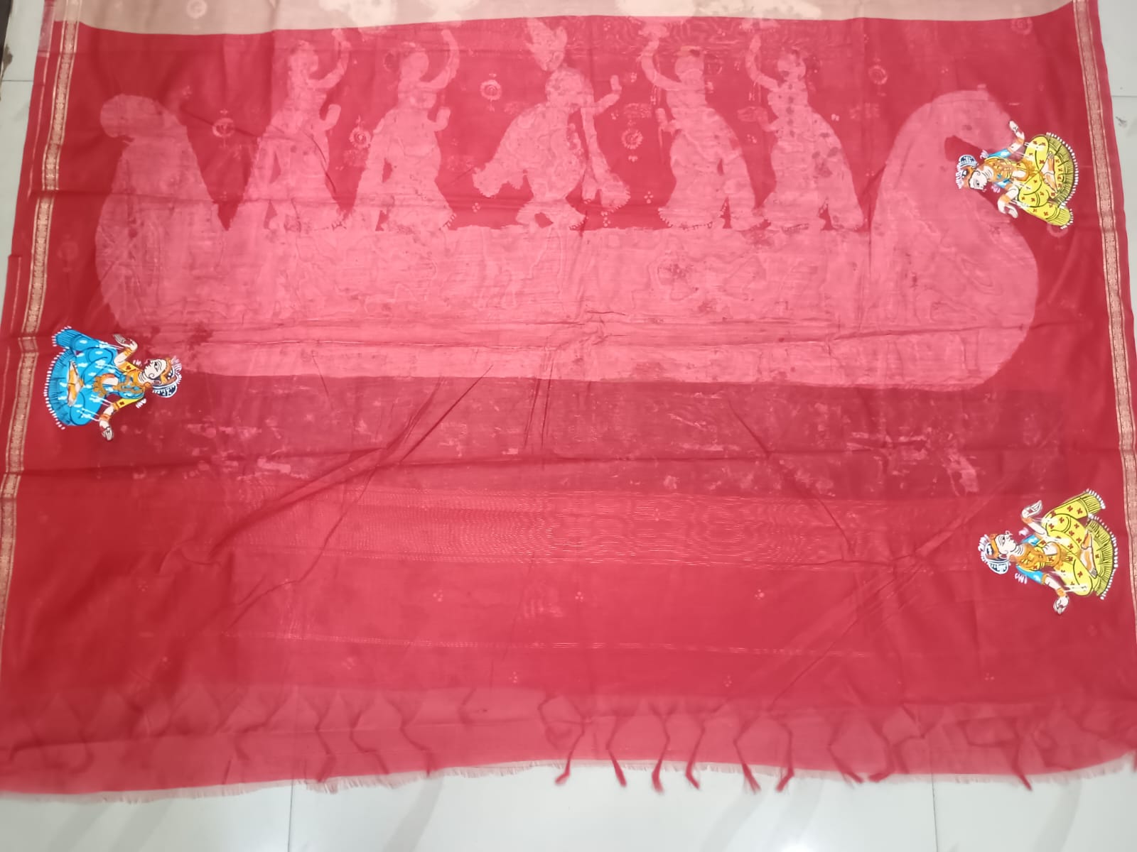 Beige & Red Hand-Painted Pattachitra Saree – South Cotton Nabakeli Boita Theme