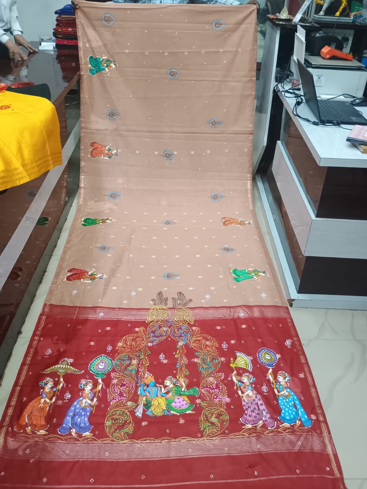 Beige & Red Hand-Painted Pattachitra Saree – South Cotton Radha Krishna Raja Doli Rasa Theme