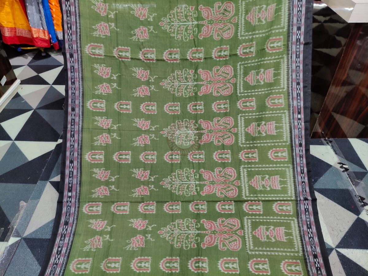 Mehendi Green Black Truibal And Tree Design Khandua Cotton Saree