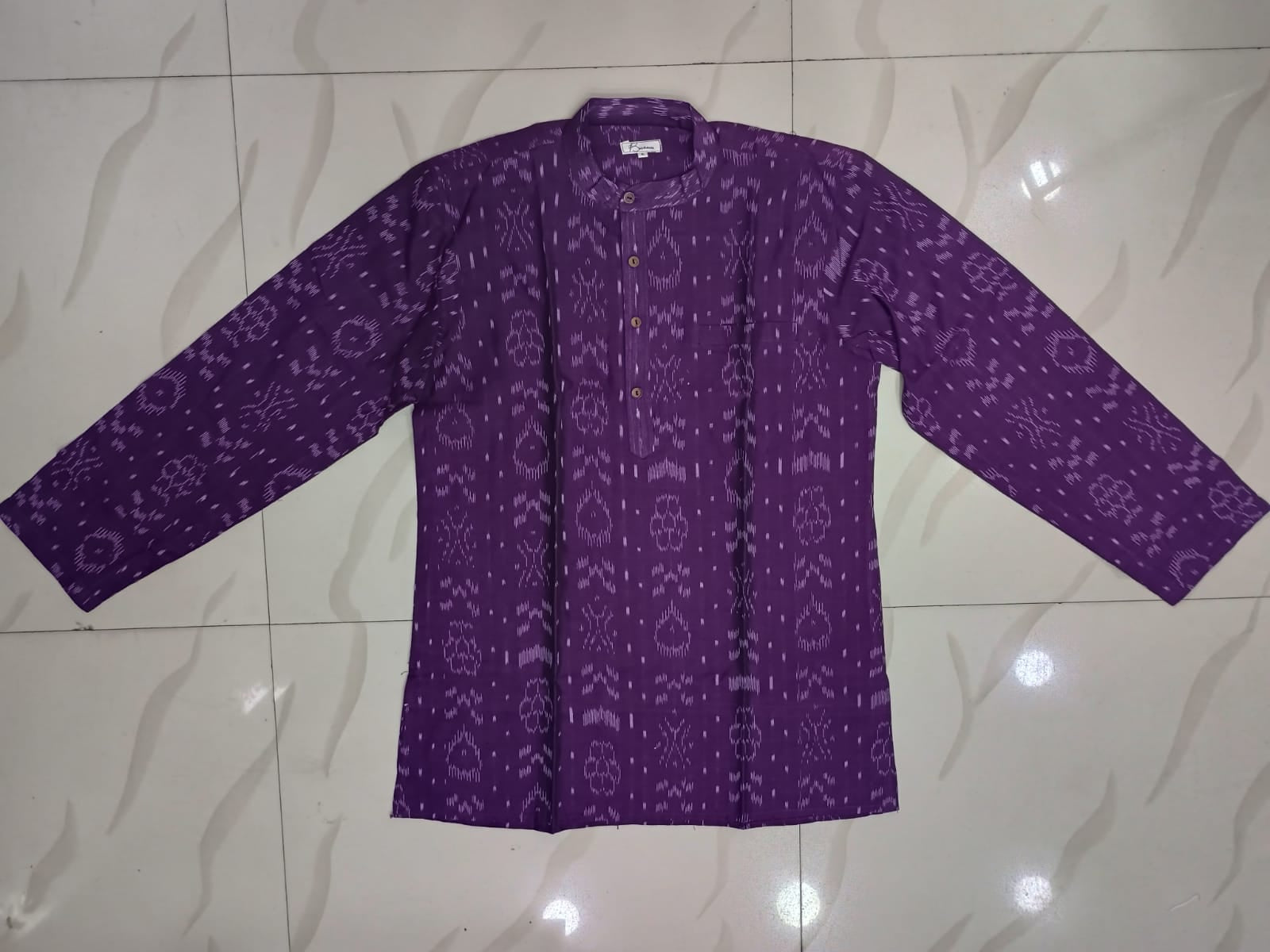 Purple Flower & Pasapali Design Odisha Handloom Cotton Men's Half Kurta