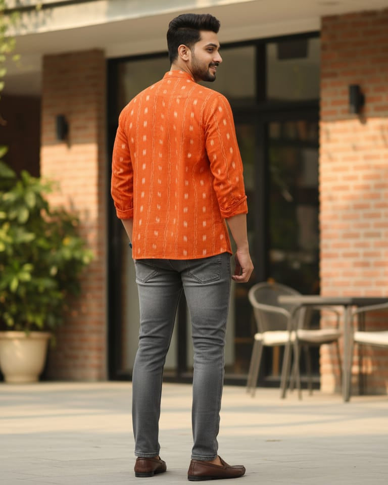 Orange Lata Design Odisha Handloom Cotton Men's Half Kurta