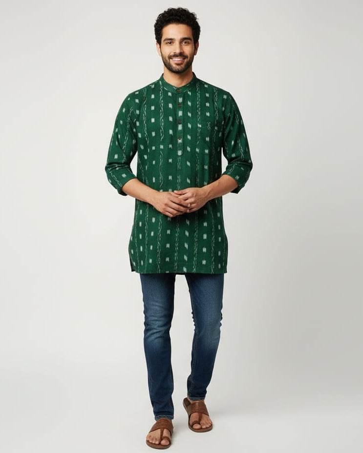 Buttle Green Lata Design Odisha Handloom Cotton Men's Half Kurta