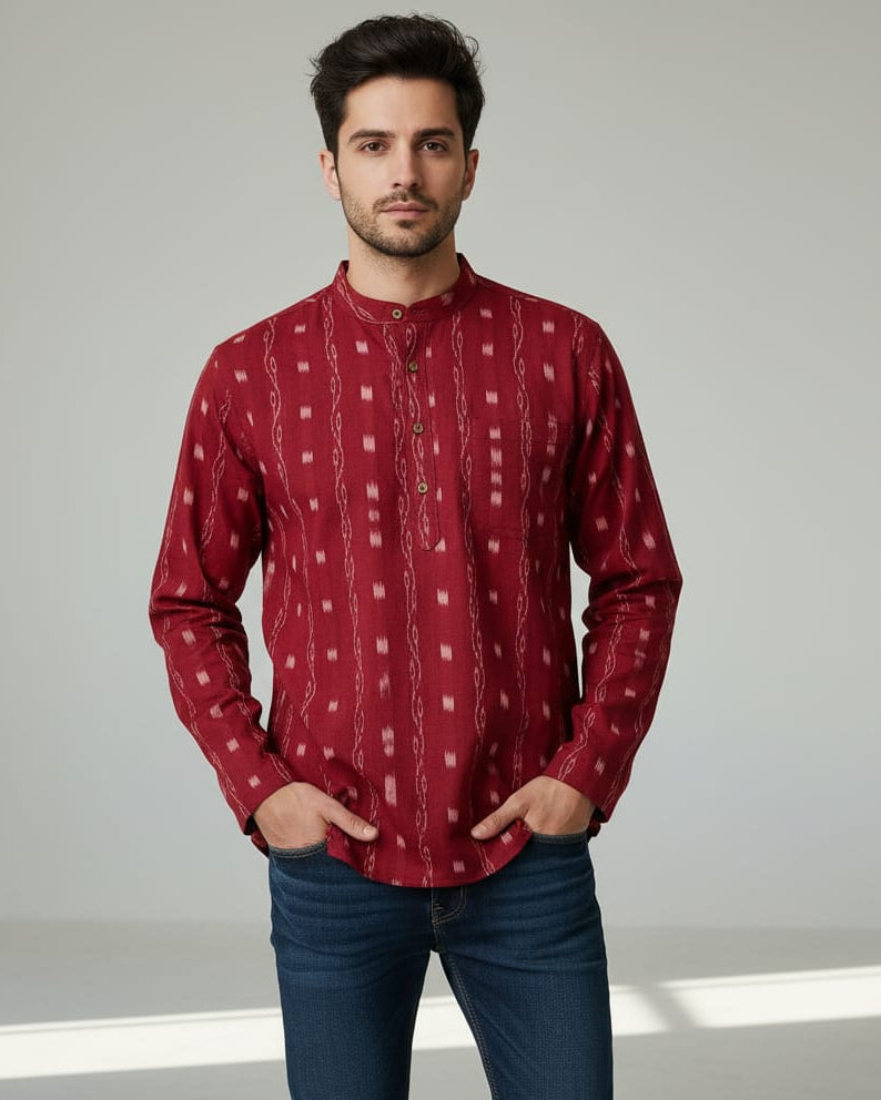 Maroon Lata Design Odisha Handloom Cotton Men's Half Kurta