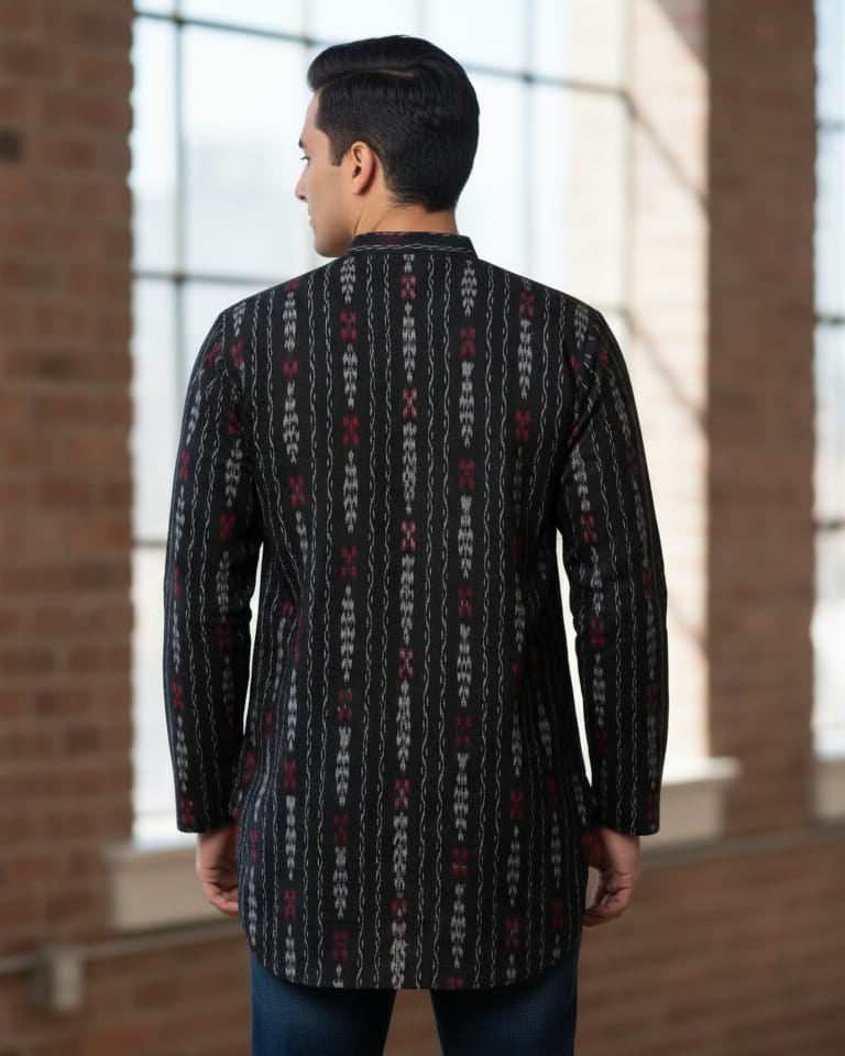 Black Lata Design Odisha Handloom Cotton Men's Half Kurta