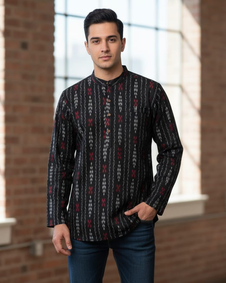 Black Lata Design Odisha Handloom Cotton Men's Half Kurta