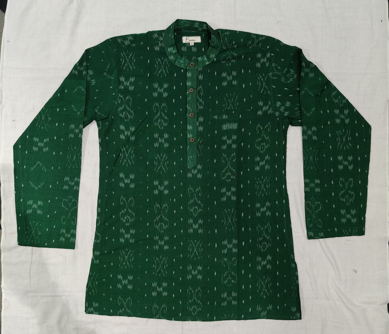 Green Fish & Pasapali Design Odisha Handloom Cotton Men's Half Kurta