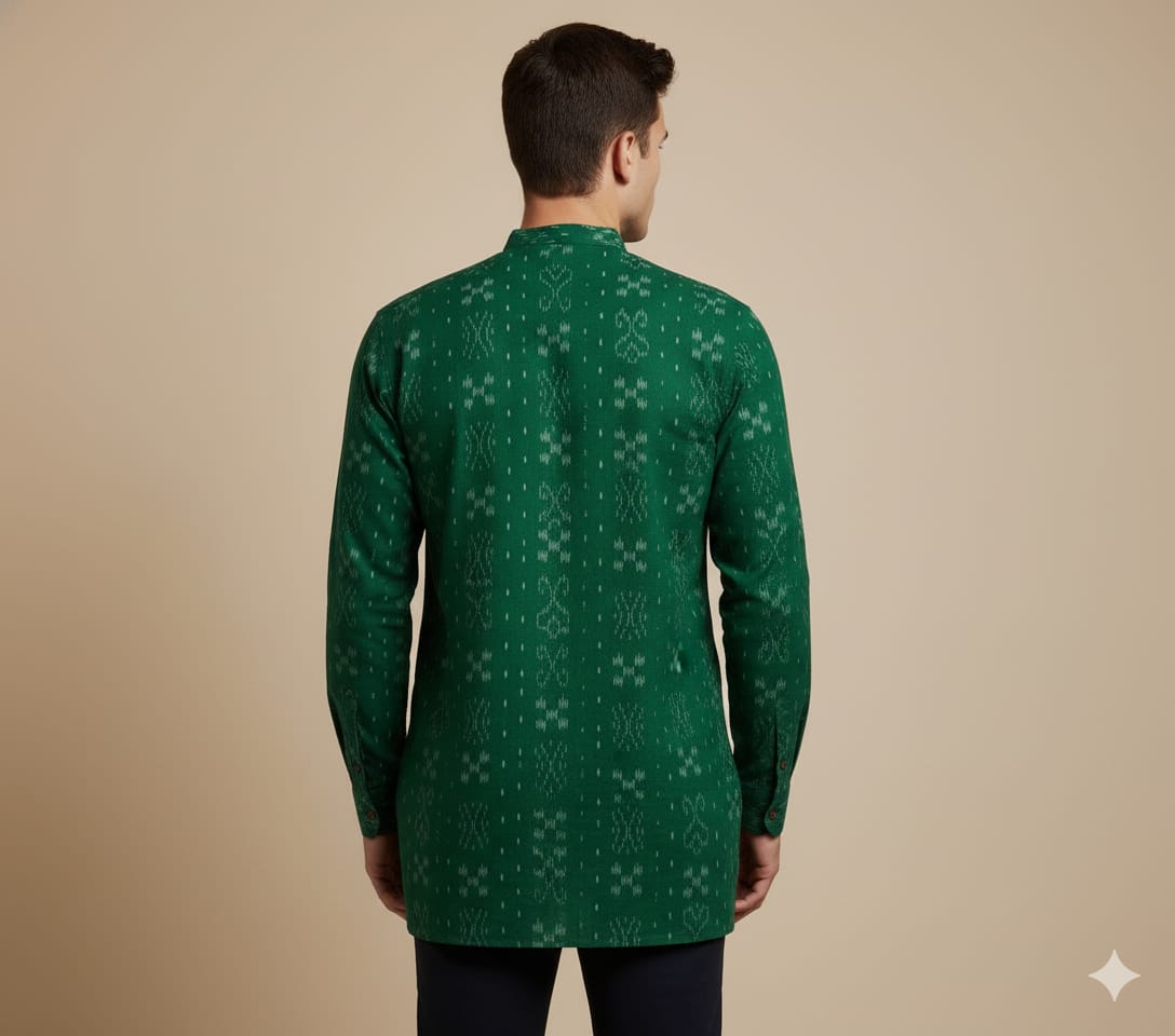 Green Fish & Pasapali Design Odisha Handloom Cotton Men's Half Kurta